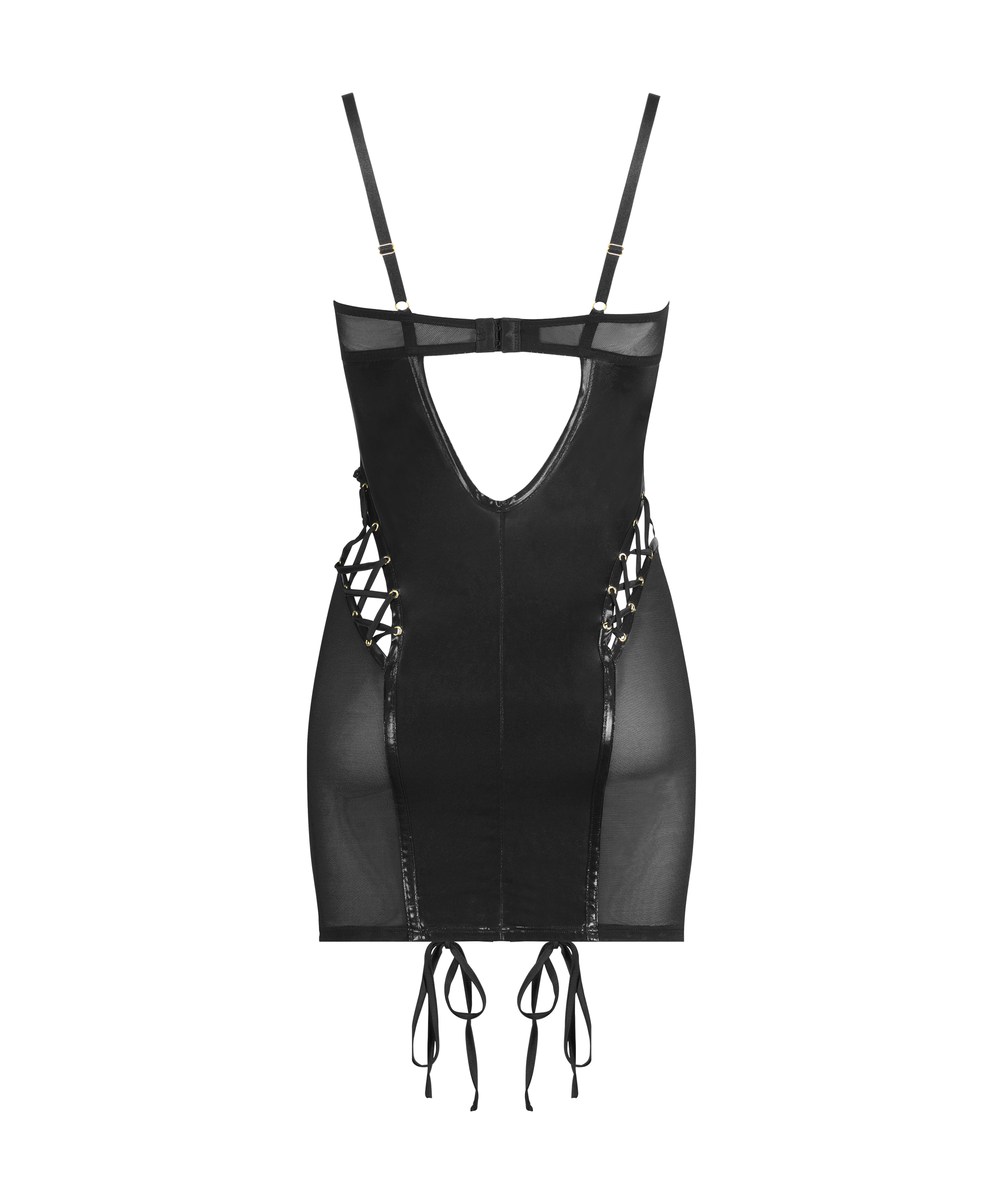 Slip dress mesh lace-up, Noir, main
