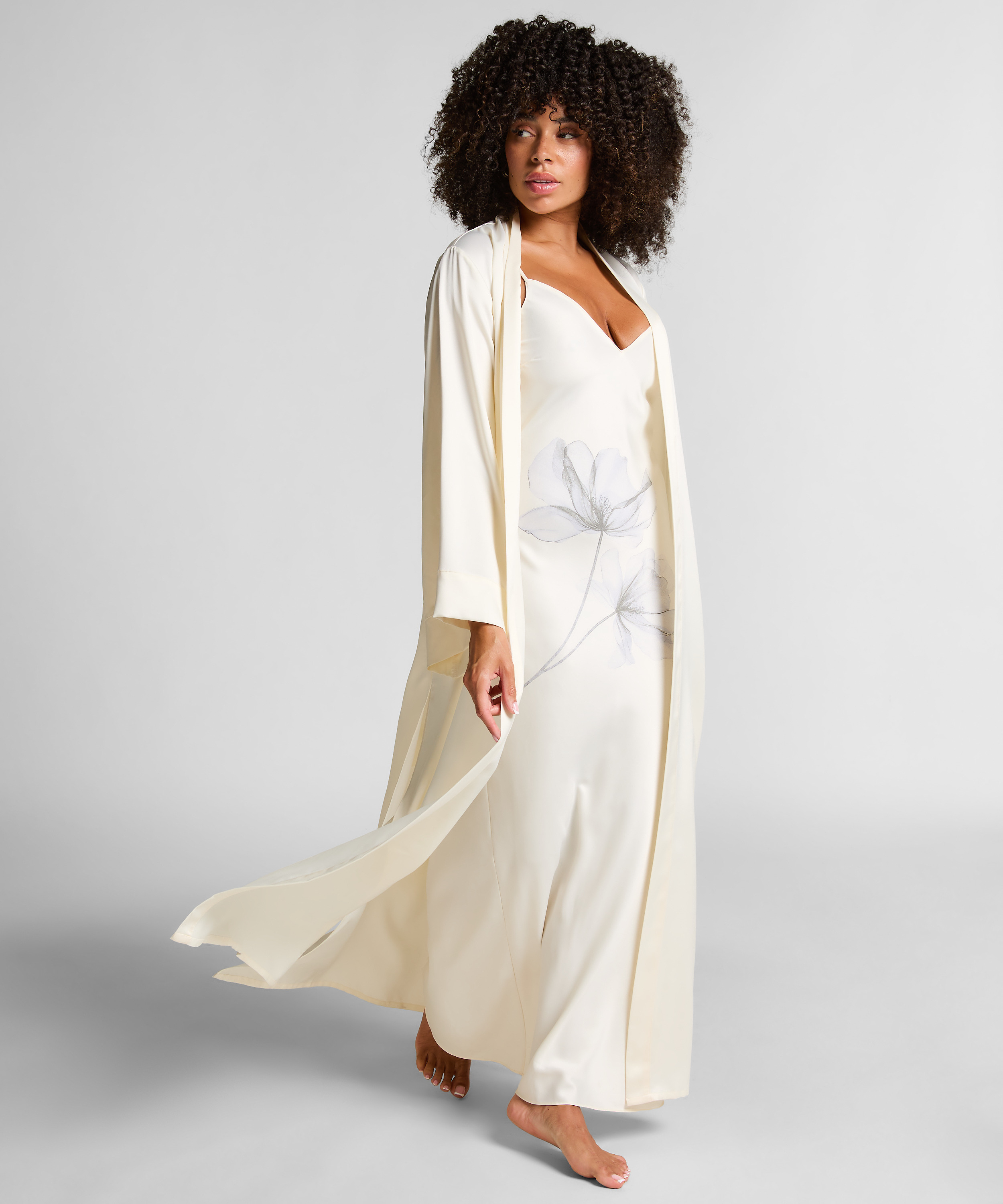 Kimono Long Satin Floral, Blanc, main