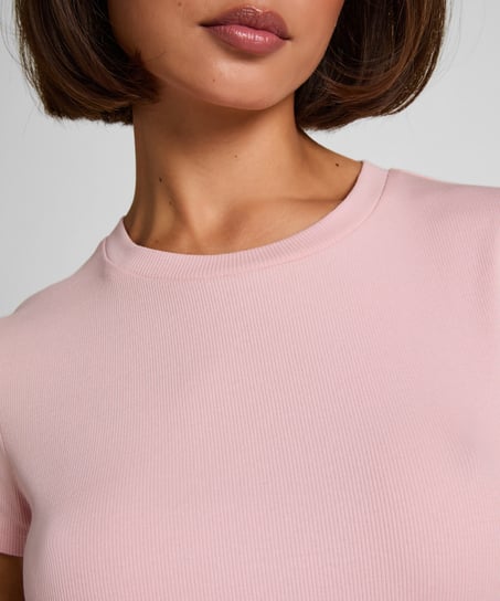 Haut de pyjama manches courtes rib crew neck, Rose