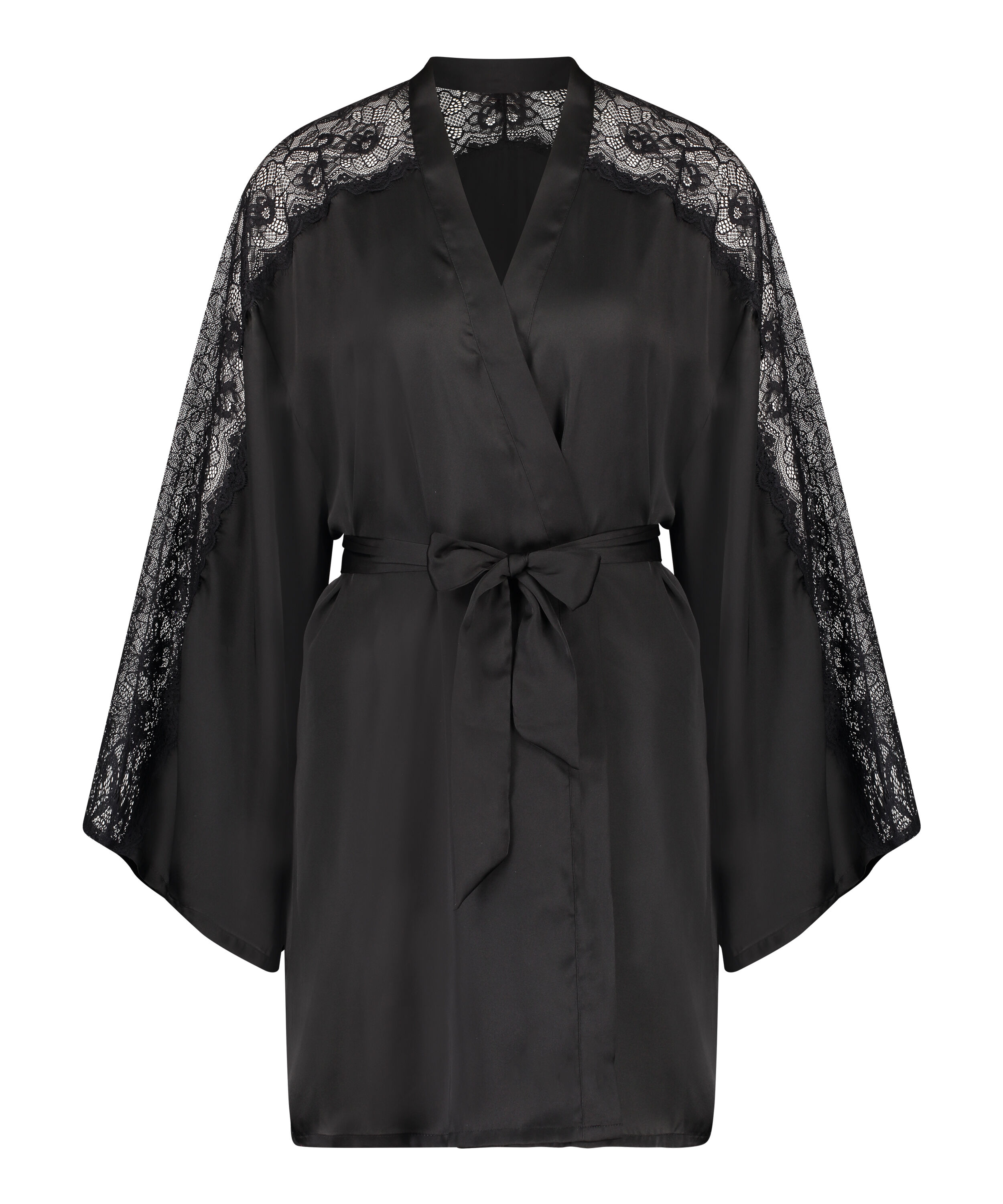 Kimono en dentelle satin&eacute;e, Noir
