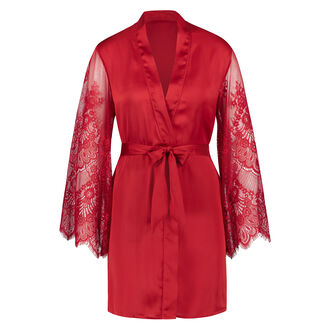Kimono en dentelle satin&eacute;e, Rouge
