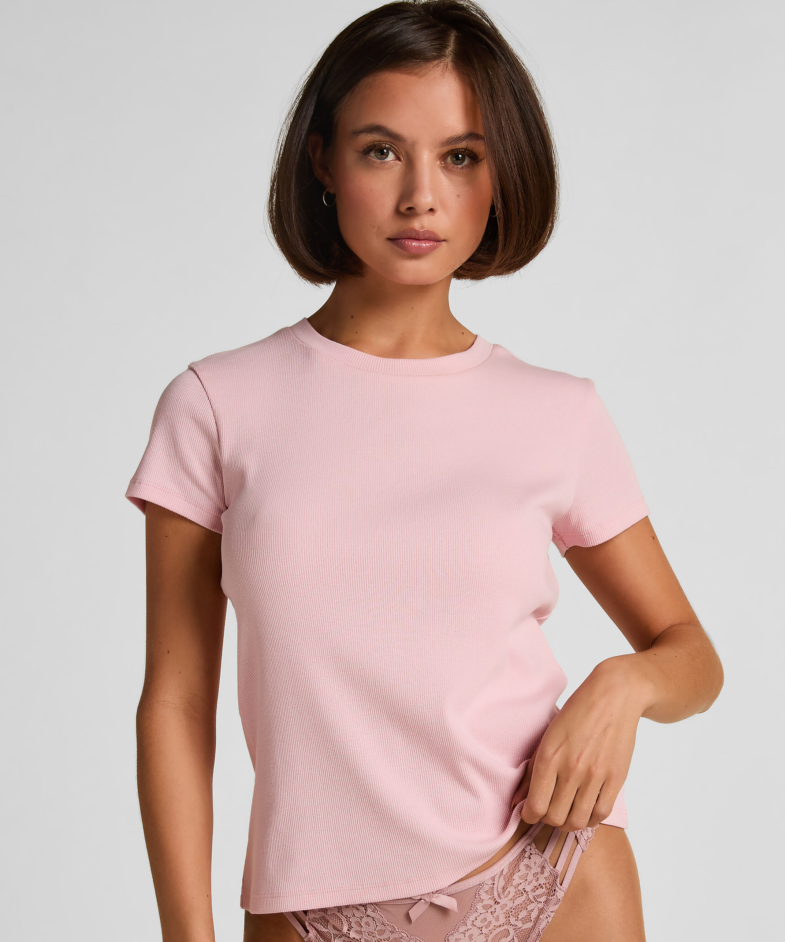 Haut de pyjama manches courtes rib crew neck, Rose