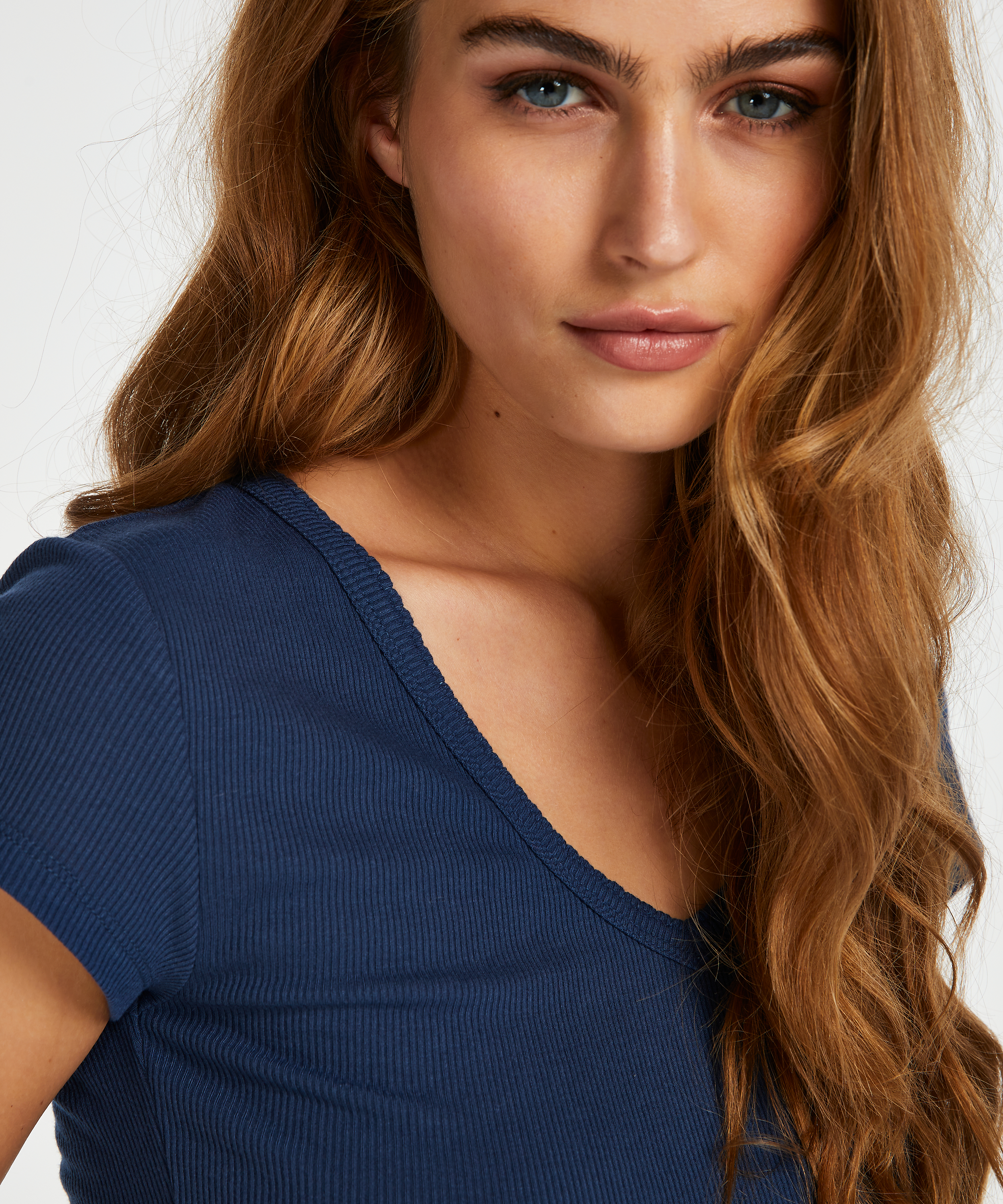 Haut de pyjama côtelé à manches courtes, Bleu, main