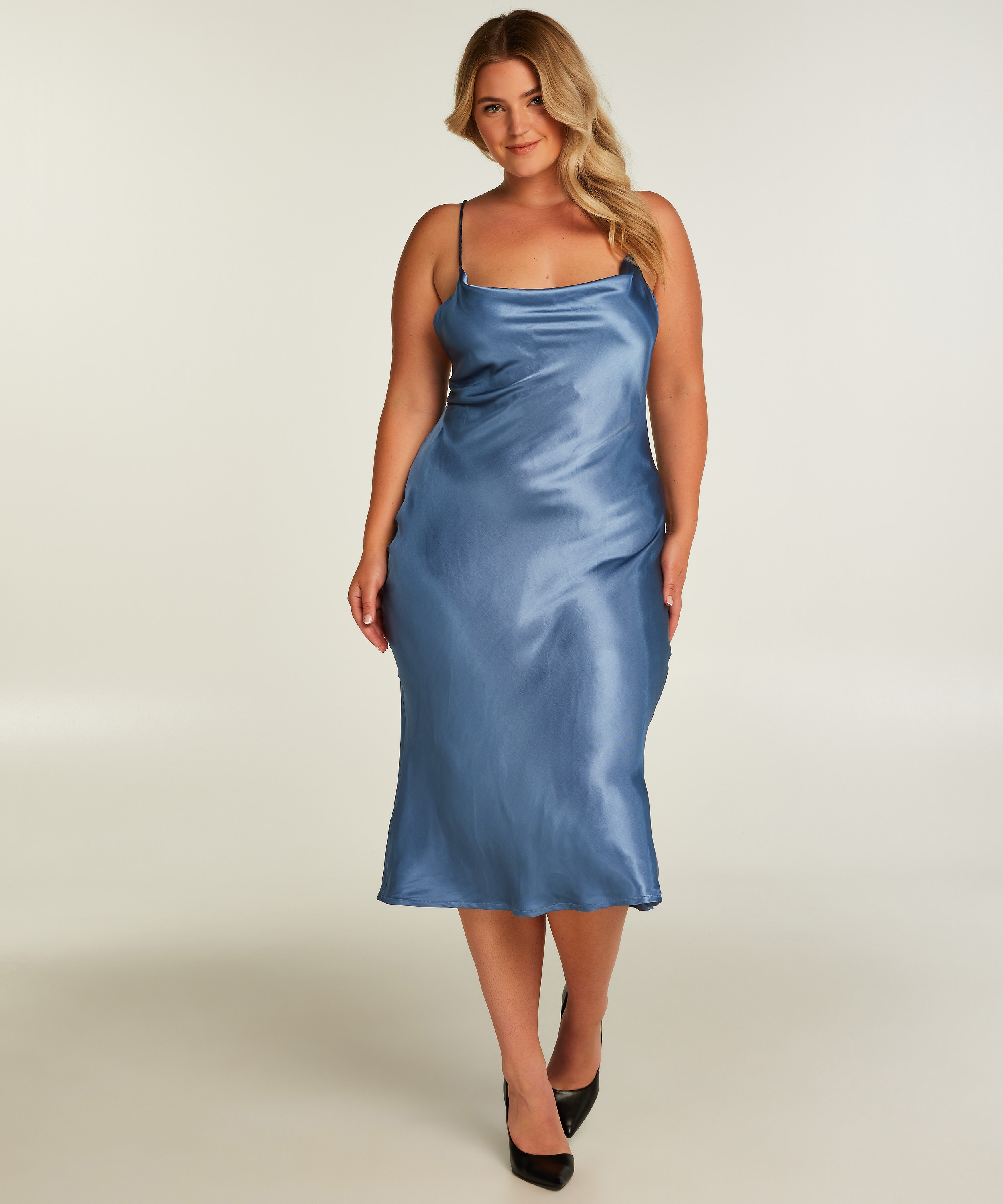 Robe midi Satin, Bleu, main