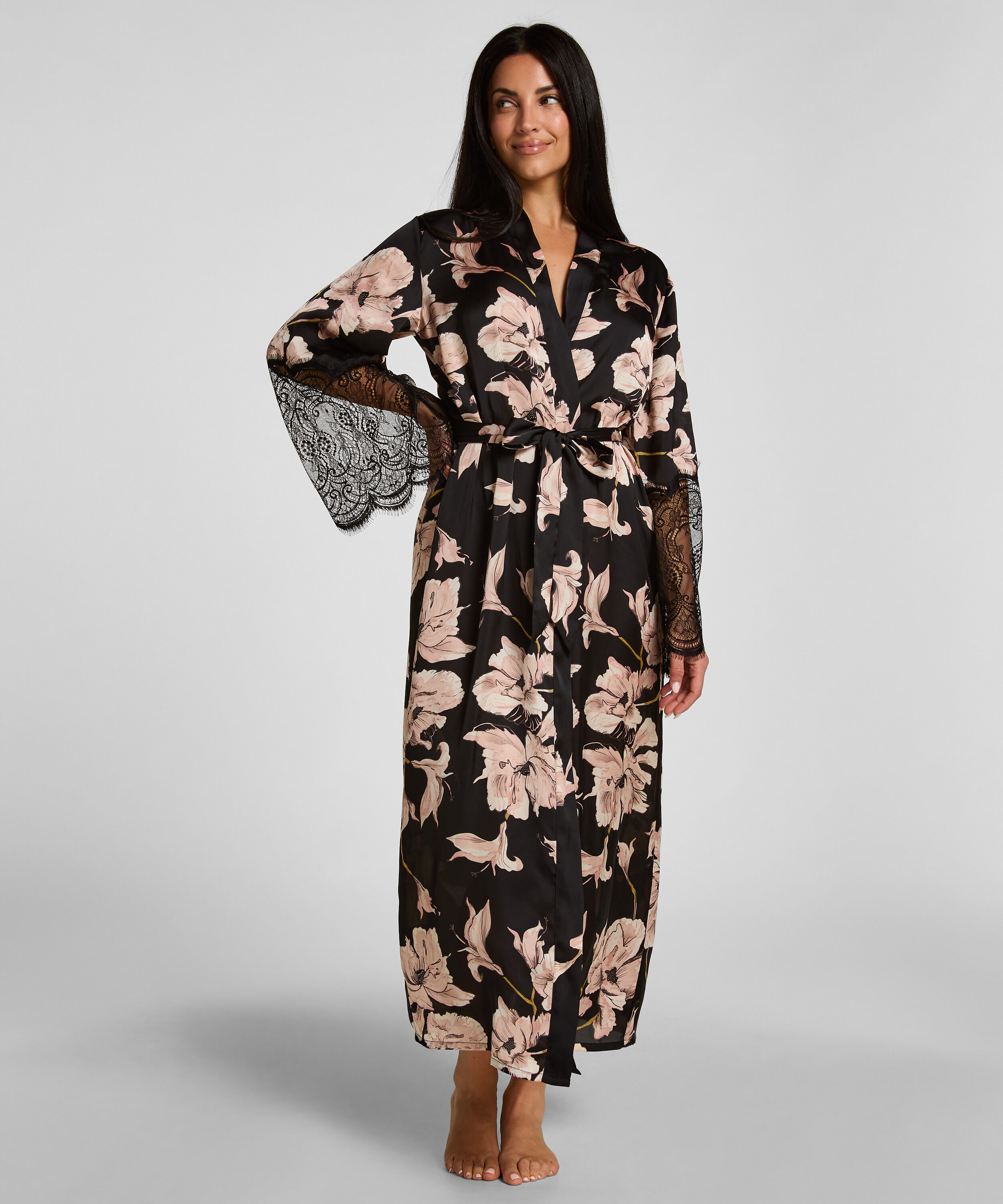Kimono Long Satin Lace, Noir Kimono Long Satin Lace, Noir