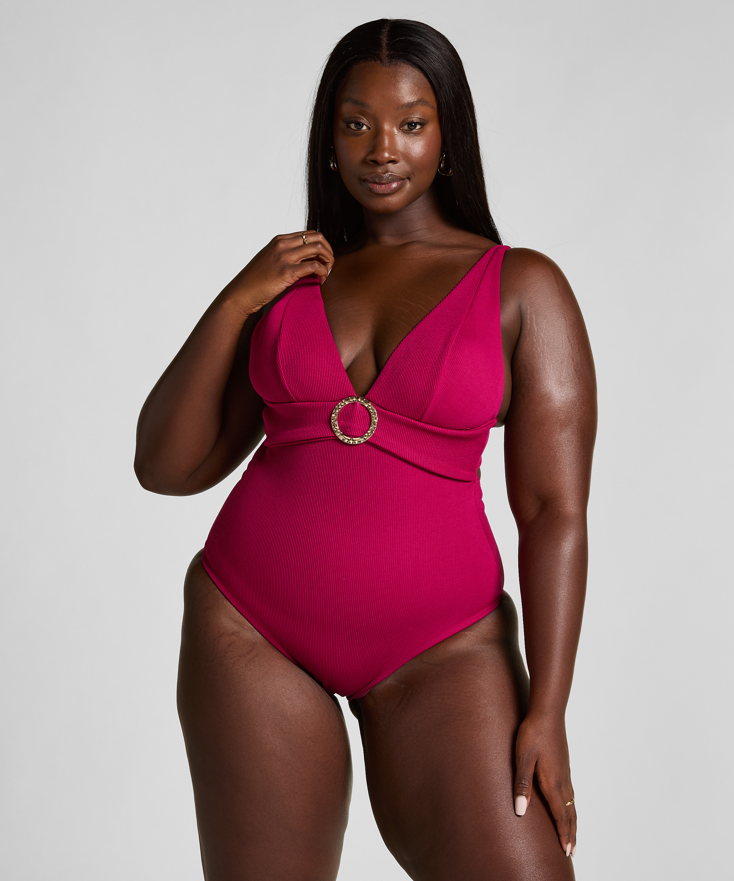 Maillot de bain à anneau froissé, Rouge, main