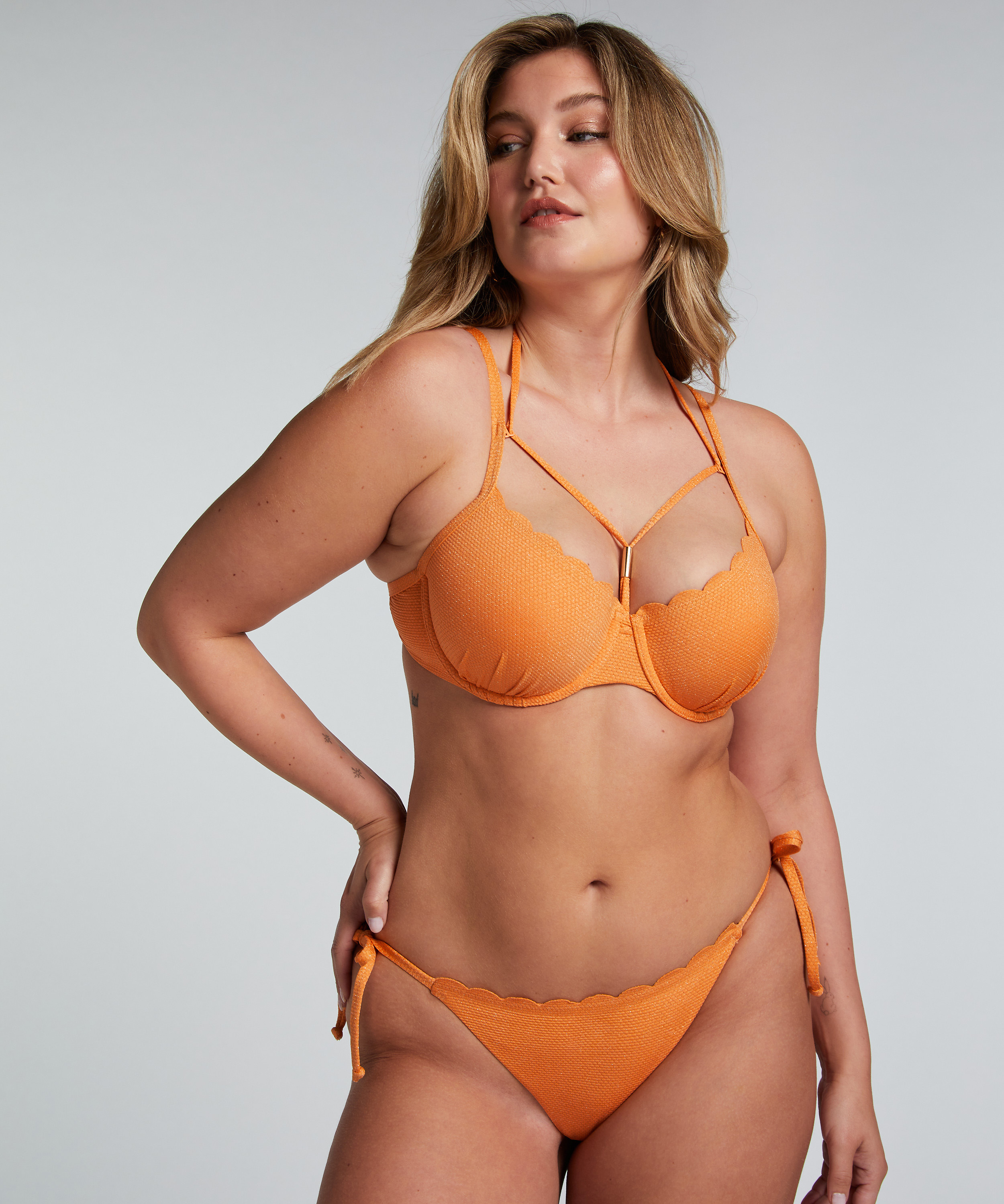 Slip de Bikini Cheeky Tanga Scallop Lurex, Orange, main