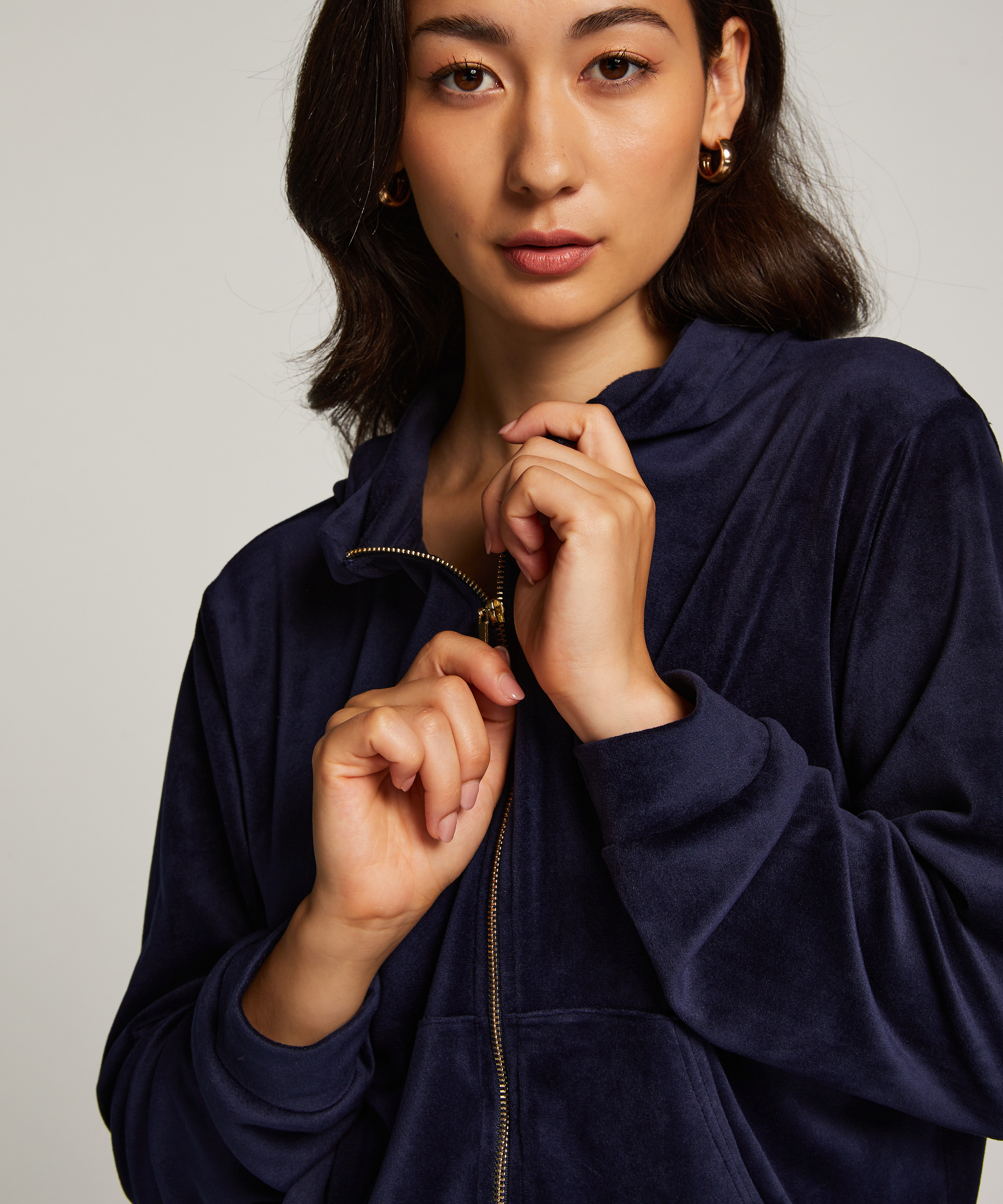 Manteau à capuche velours, Bleu, main