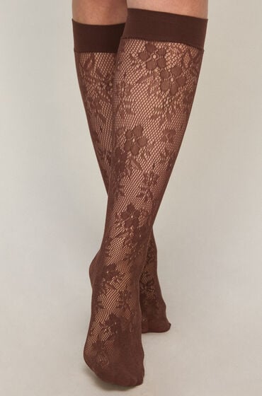 Hunkemöller Chaussettes Transparentes Dentelle Résille Marron