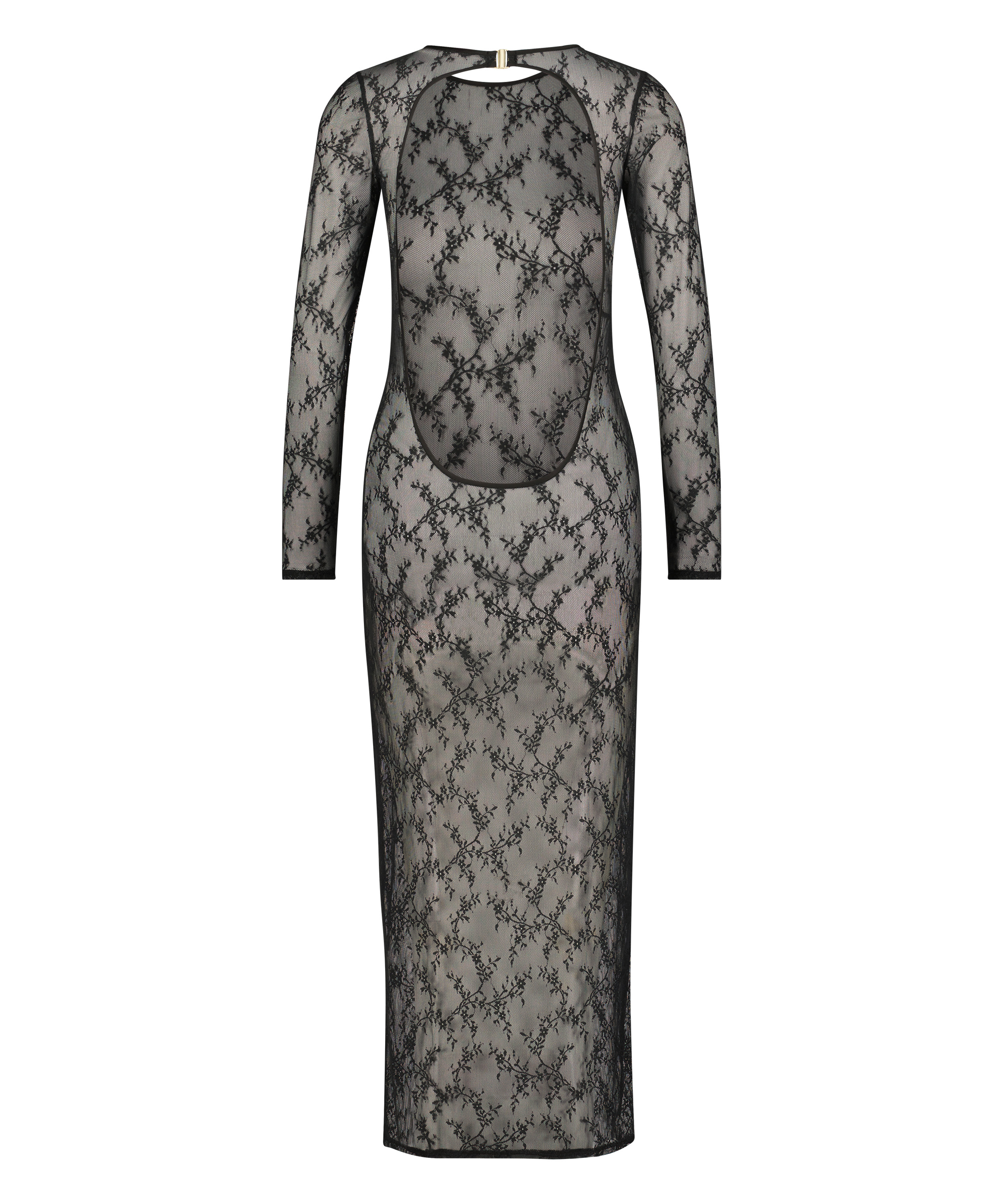 Nuisette moulante à manches longues en dentelle, Noir, main