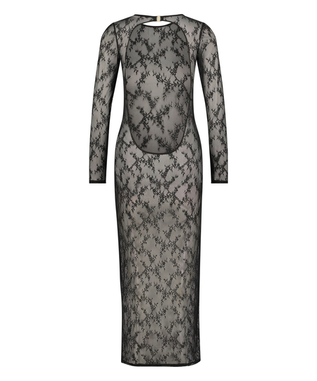 Nuisette moulante à manches longues en dentelle, Noir