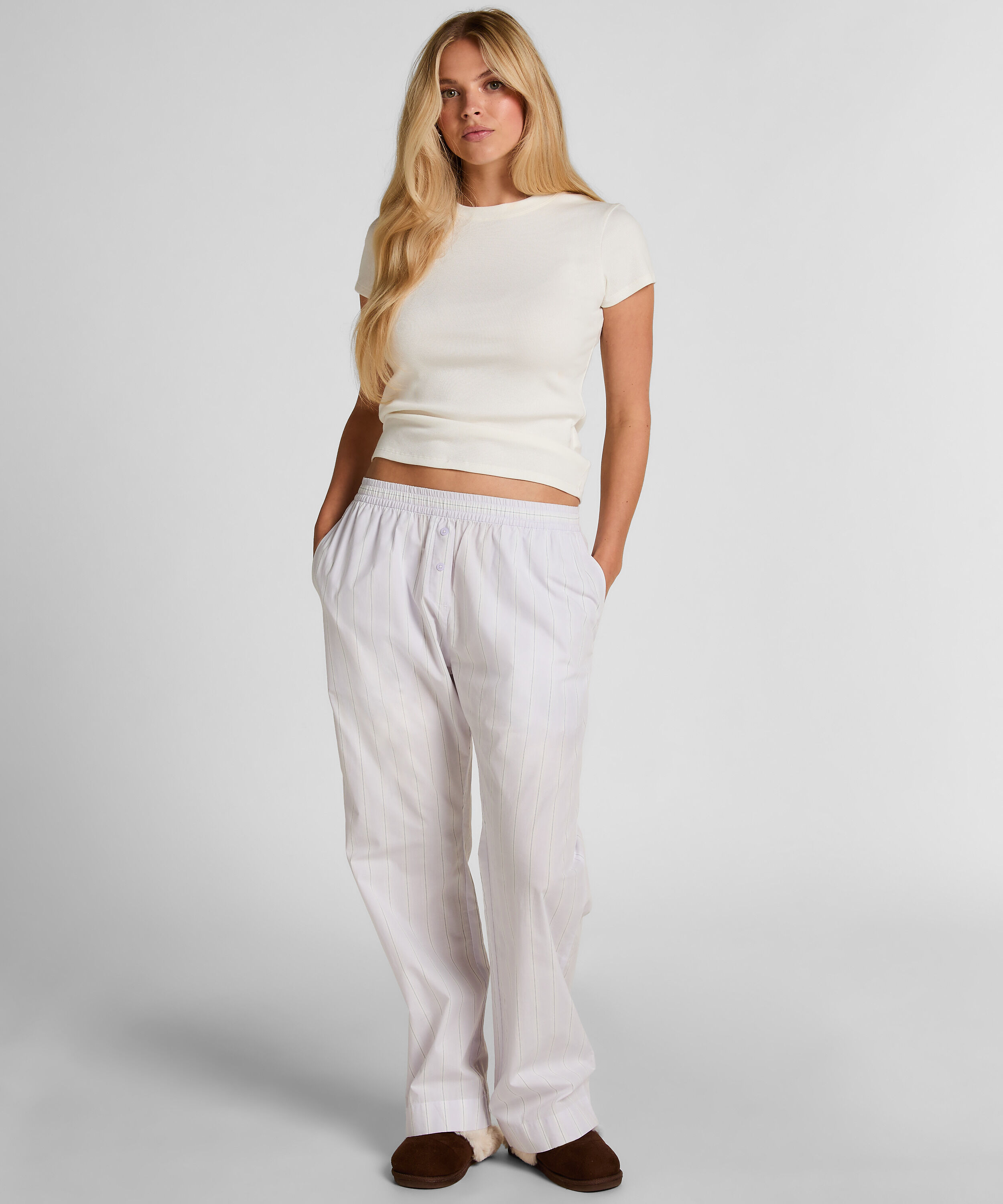 Pantalon en coton tissé à rayures, Violet Pantalon en coton tissé à rayures, Violet