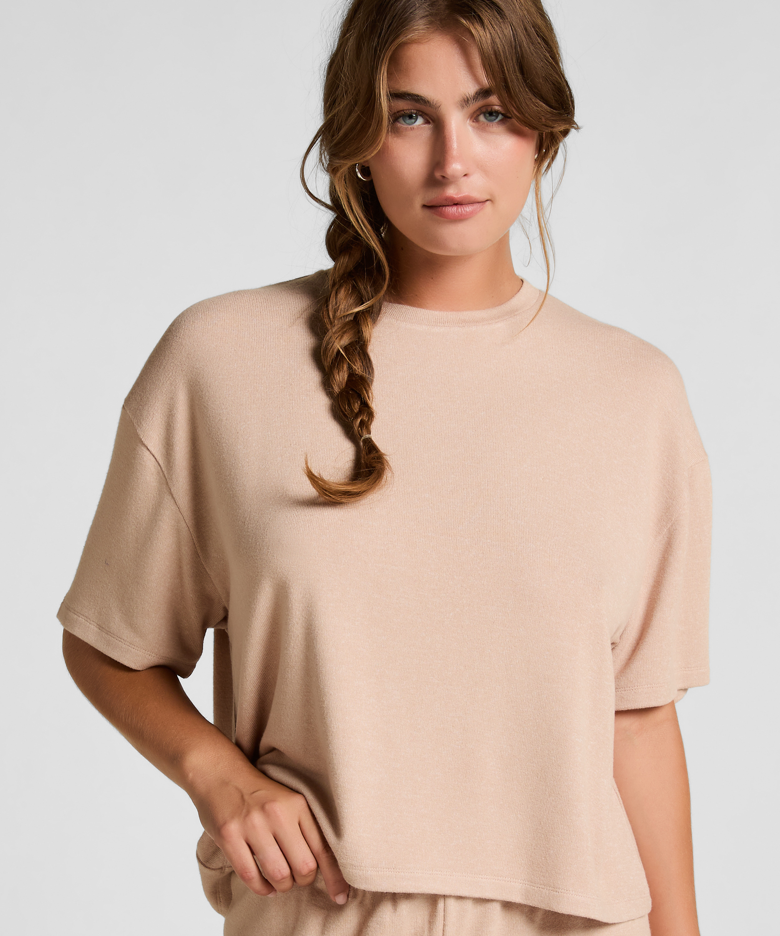 Haut de pyjama en jersey brossé, Beige, main