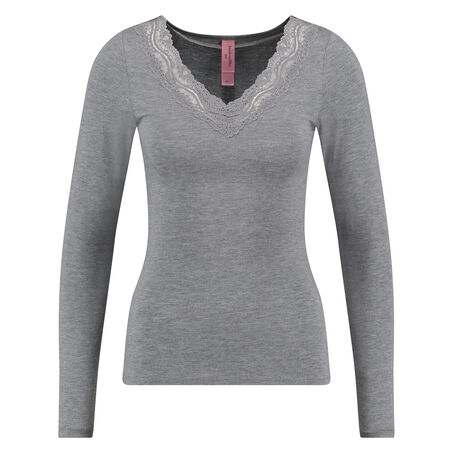 Top &agrave; col en V et manches longues, Gris