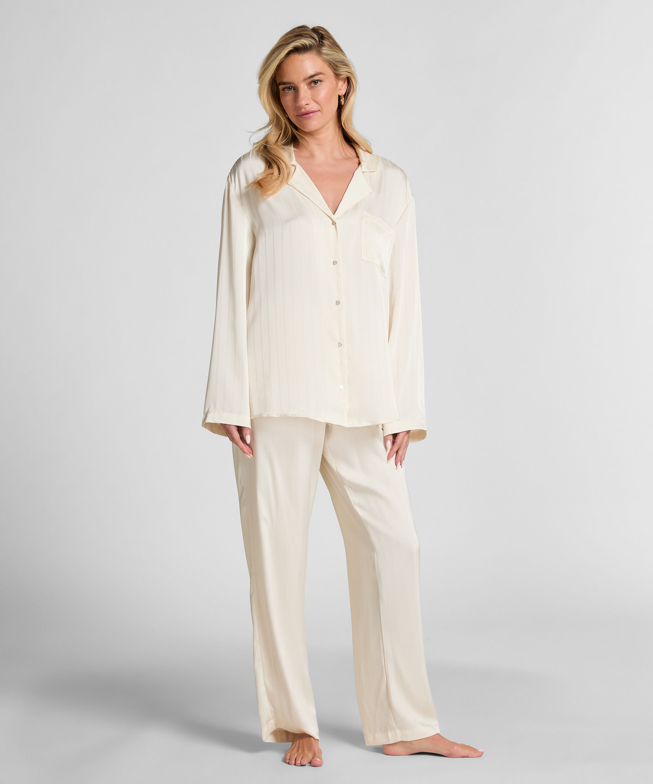Pantalon à rayures en satin, Blanc Pantalon à rayures en satin, Blanc