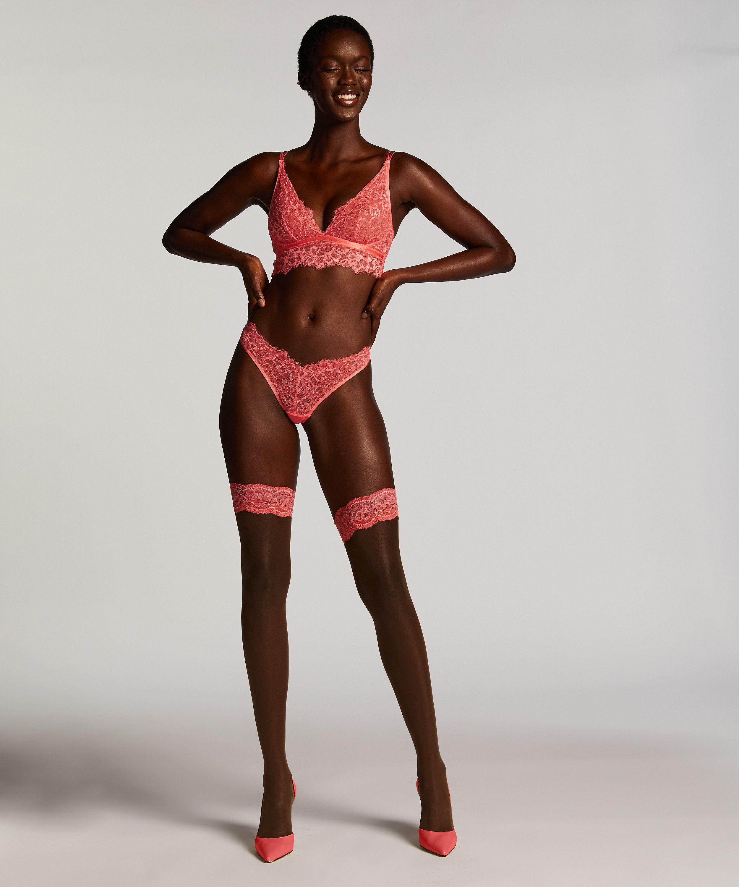 Bas Autofixants 15 Deniers Dentelle, Rose, main