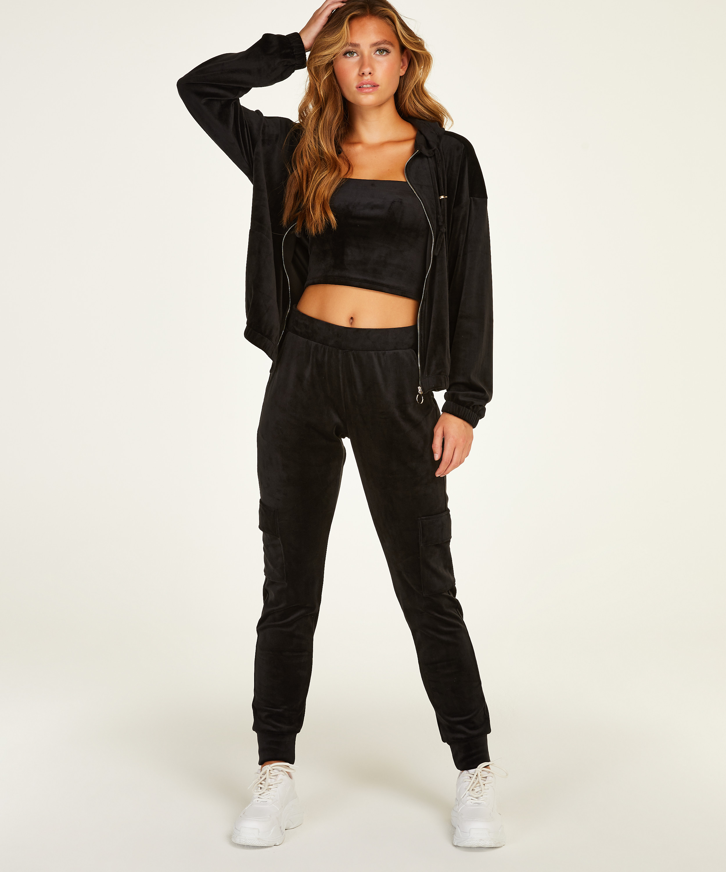 Manteau &agrave; capuche velours, Noir, main