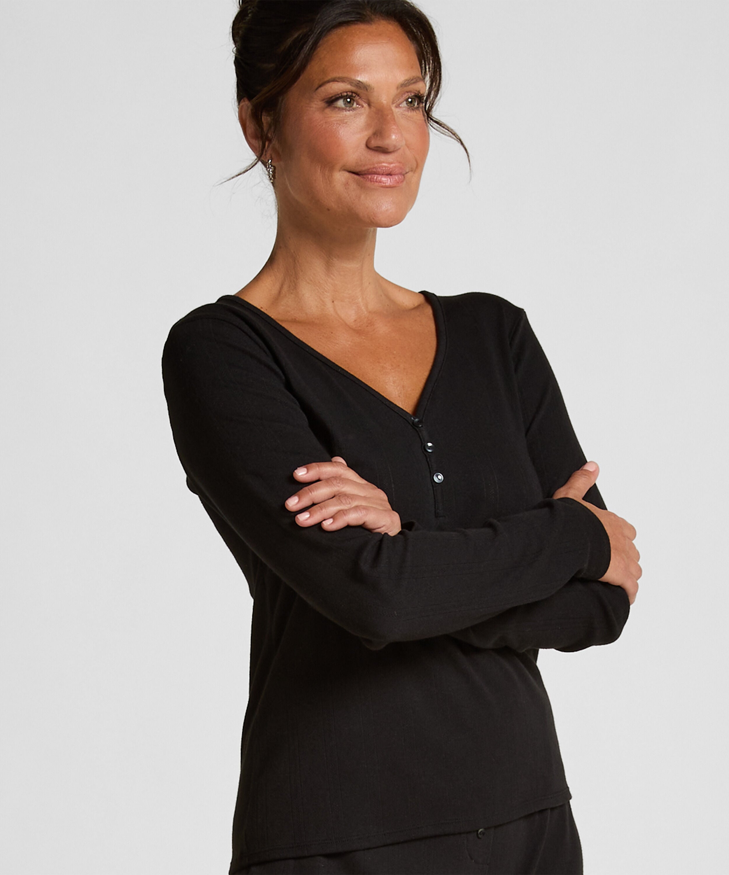 Haut de pyjama à manches longues Henley, Noir