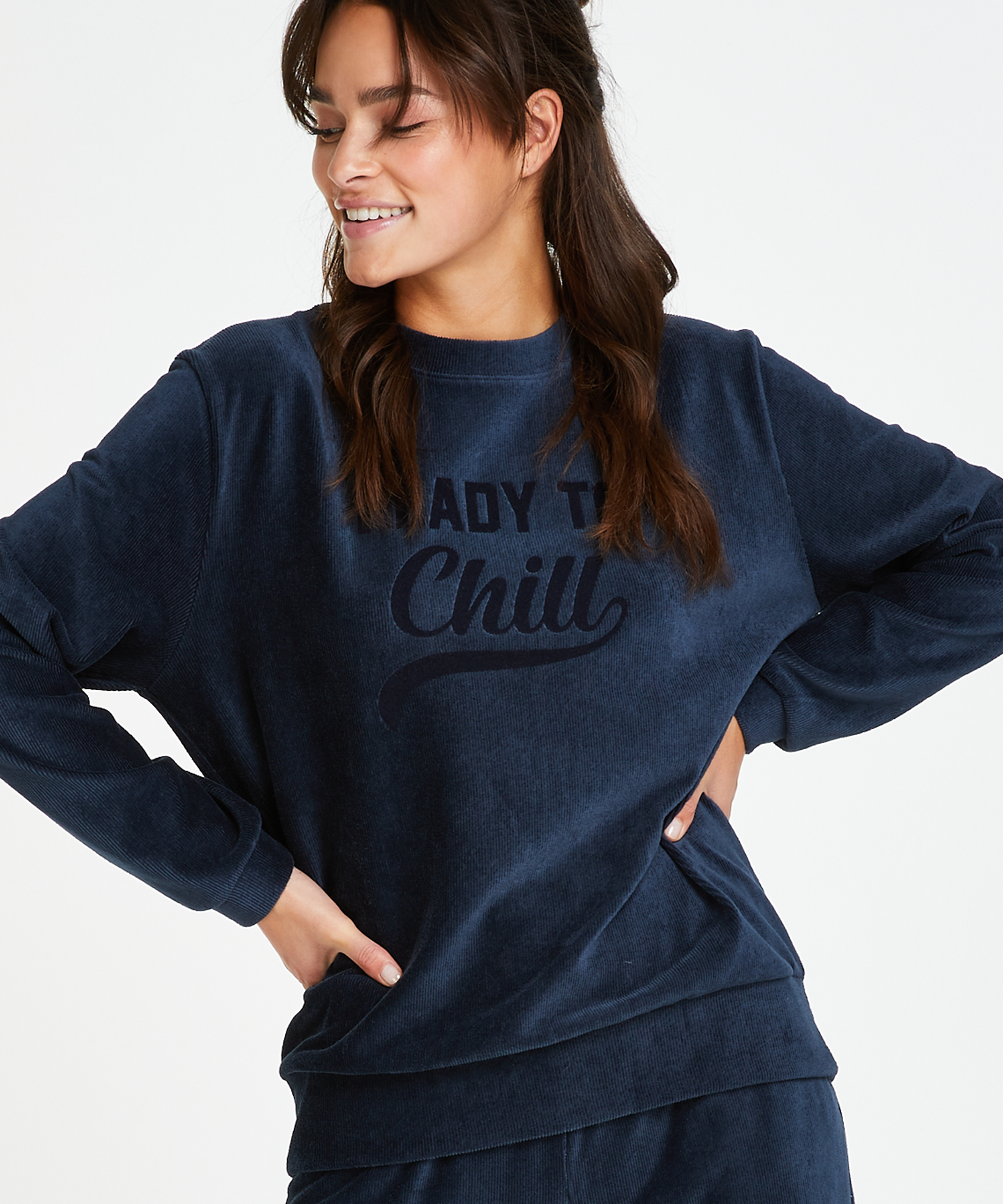 Top velours manches longues, Bleu, main