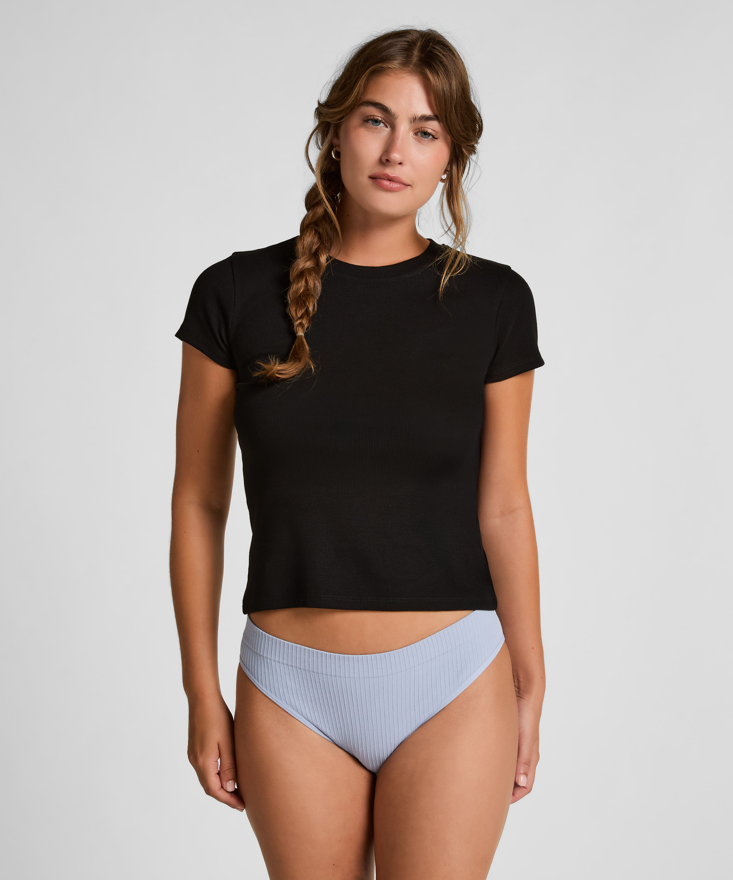 Haut de pyjama manches courtes rib crew neck, Noir, main