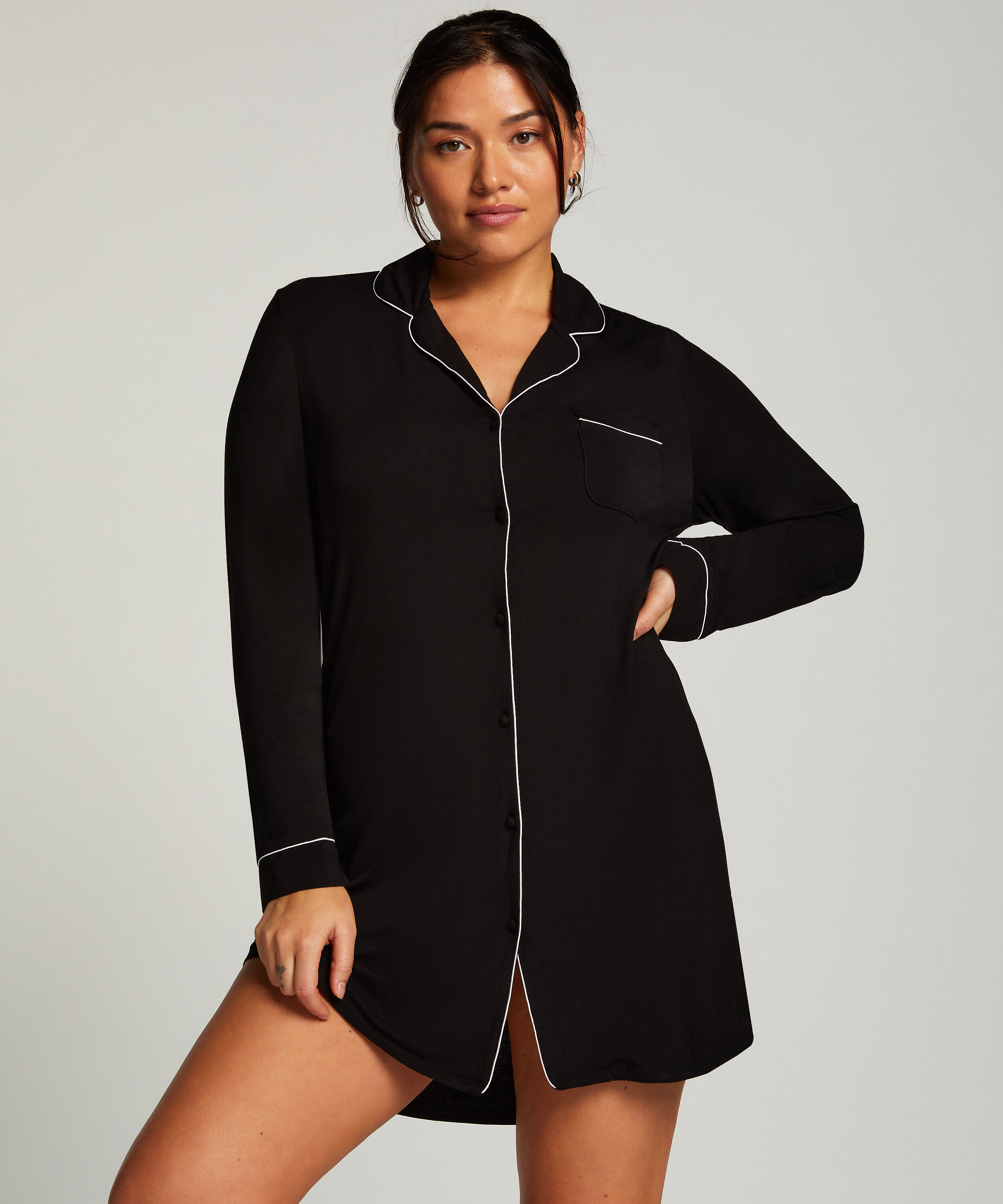 Robe-chemise à manches longues en jersey Essential, Noir