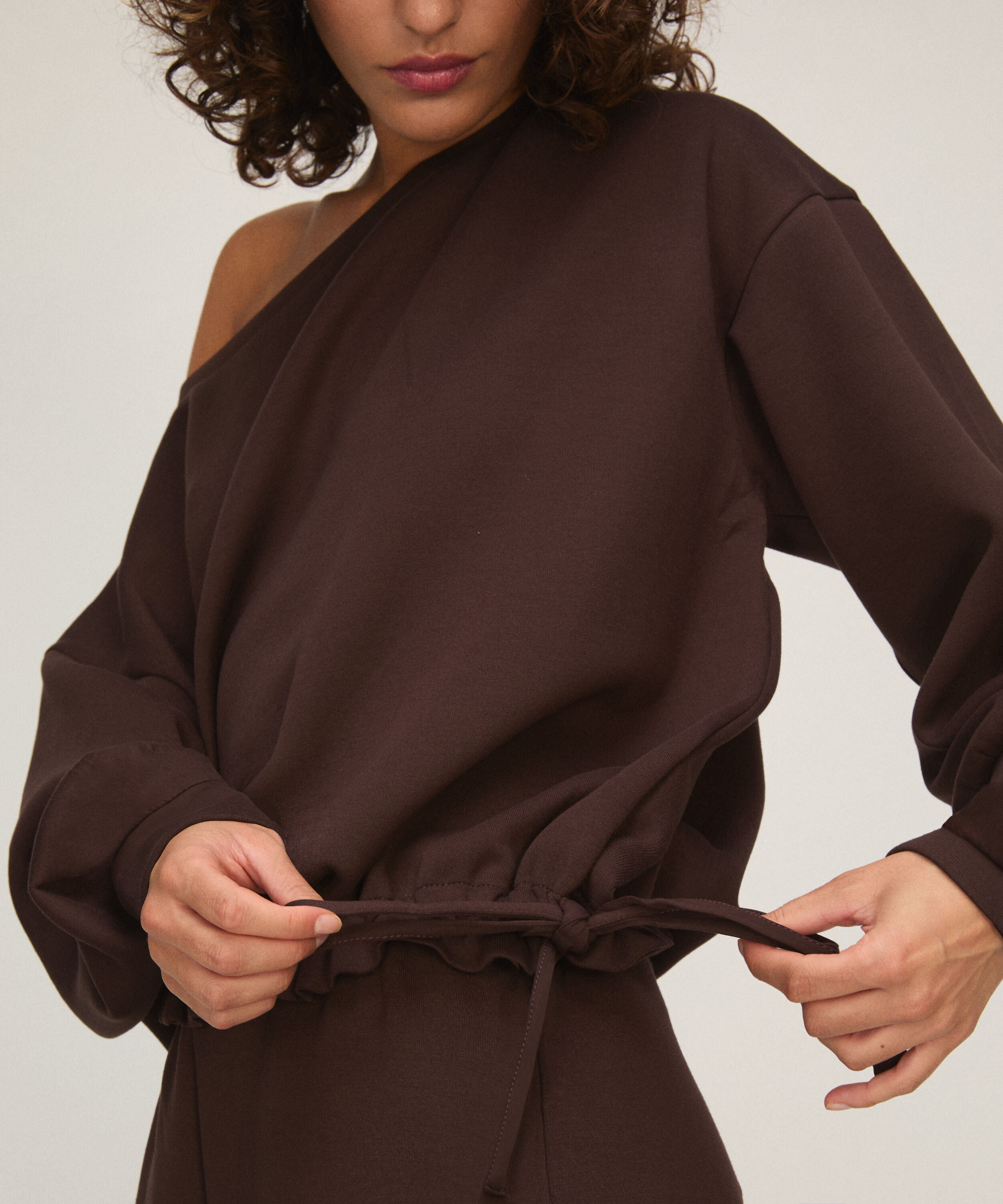 Top en Viscose à Col Bateau, Marron Top en Viscose à Col Bateau, Marron