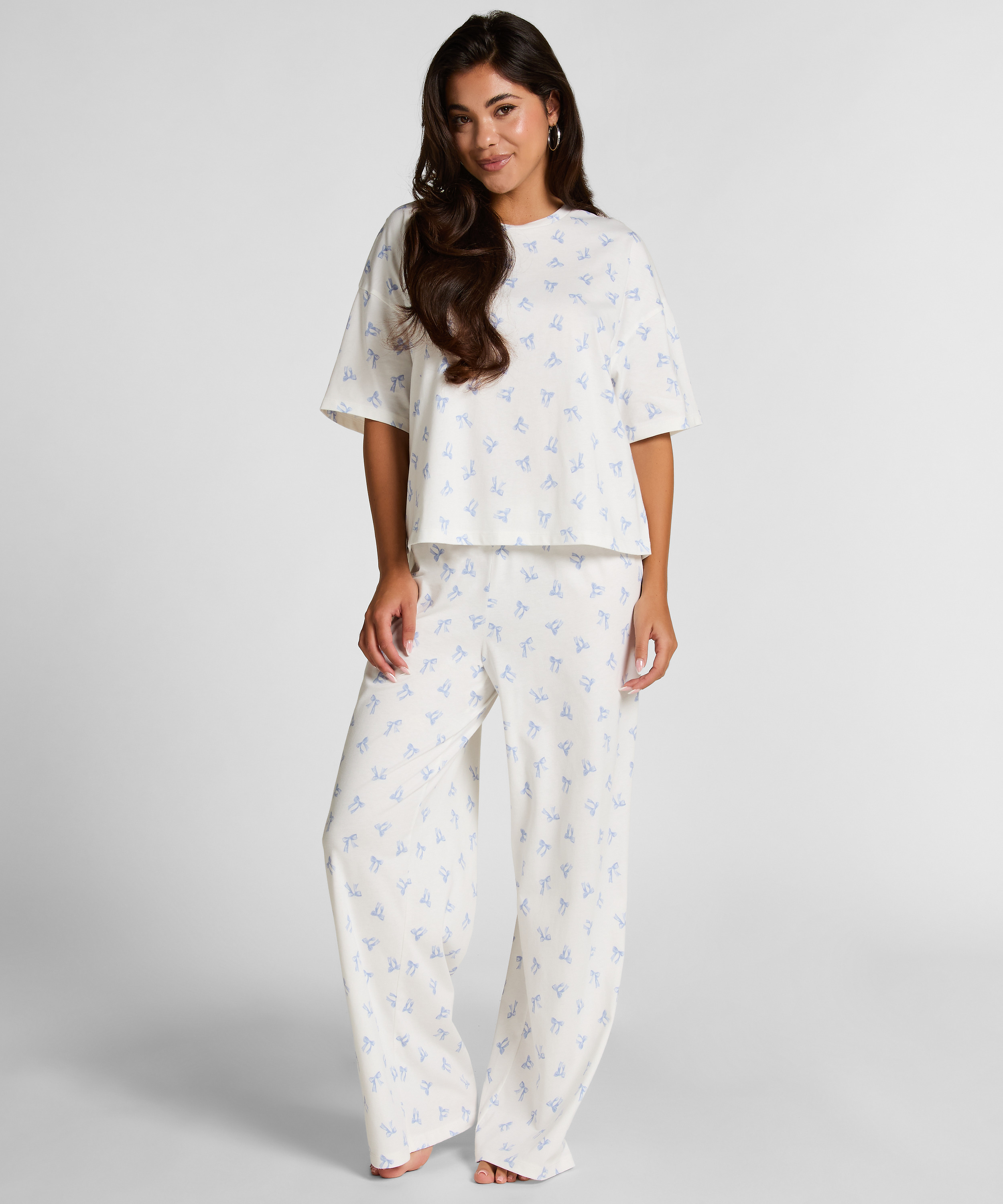 Pyjama Set Cotton Jersey Long, Blanc, main
