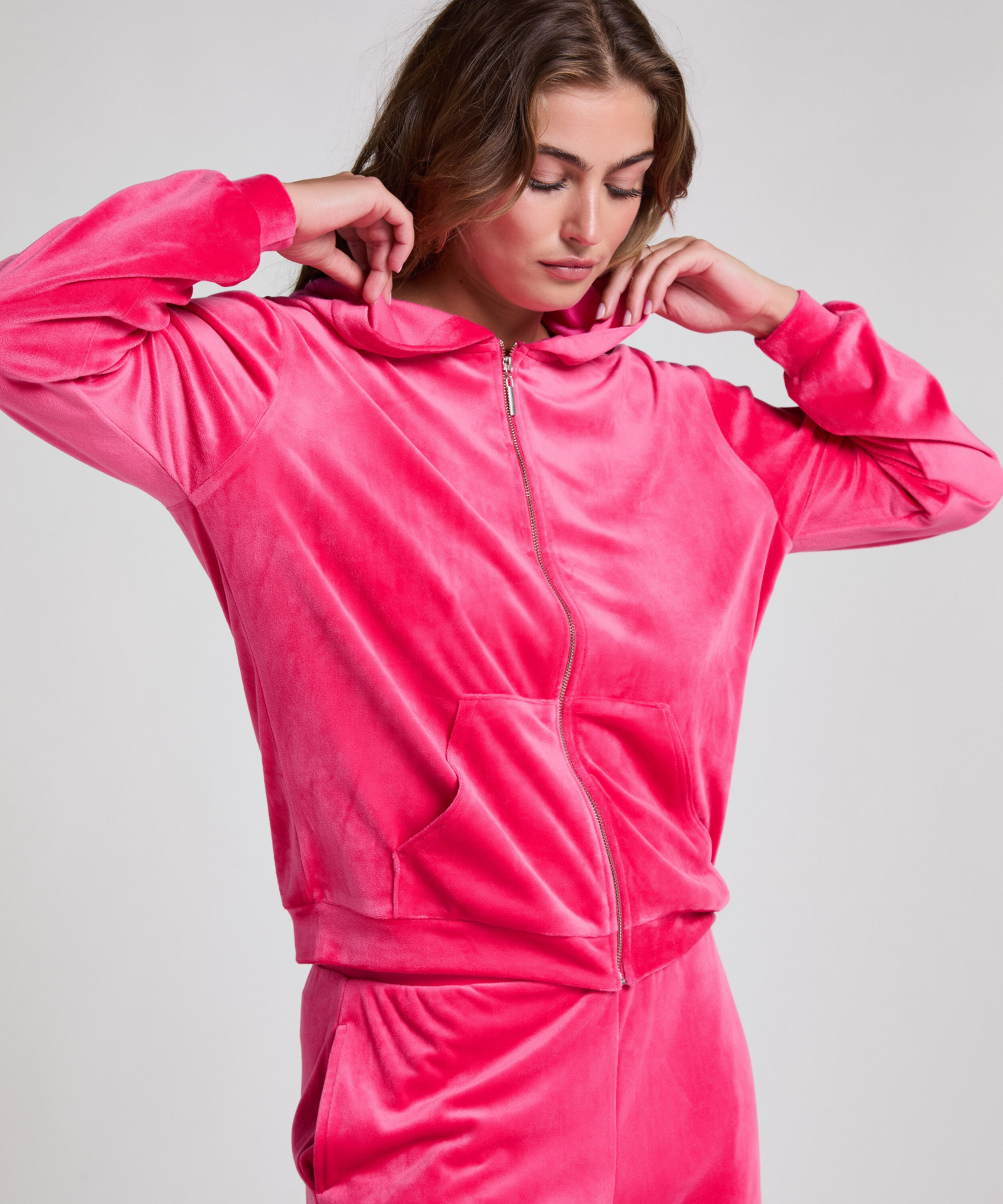 Manteau à capuche velours, Rose