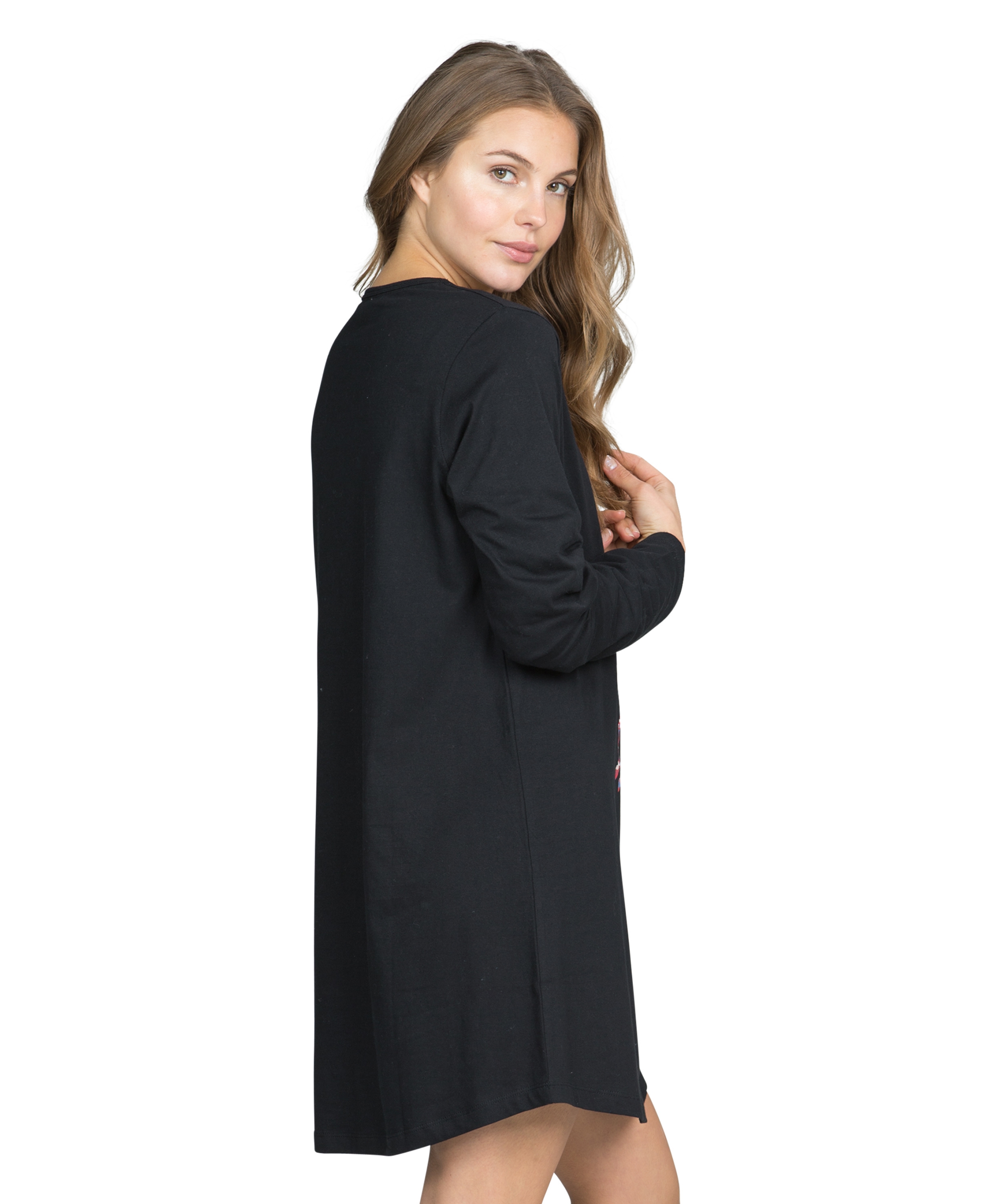 Chemise de nuit à décolleté et manches longues, Noir, main