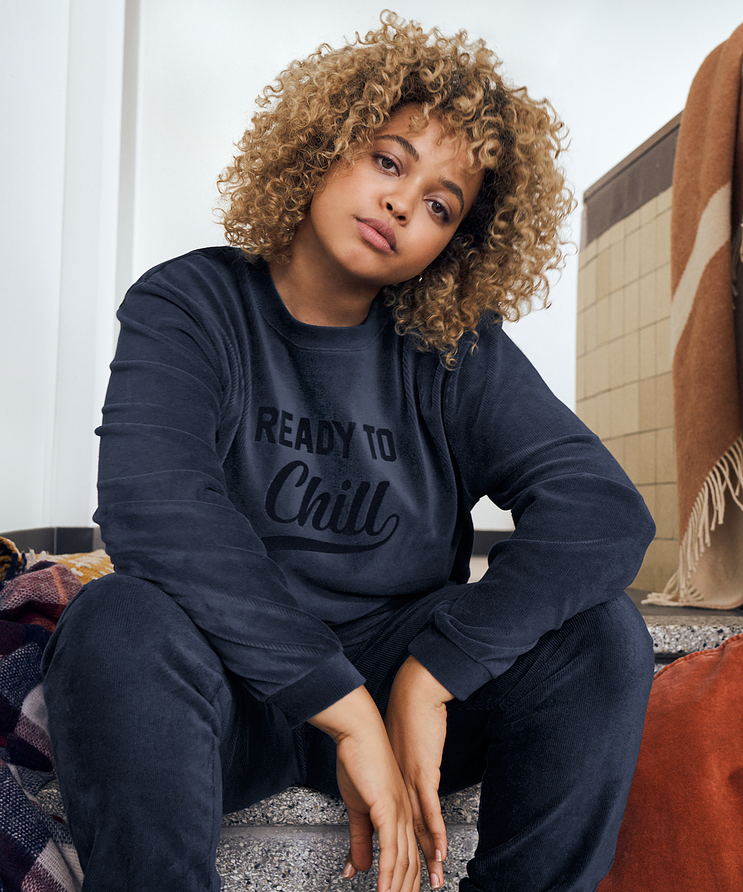 Top velours manches longues, Bleu, main