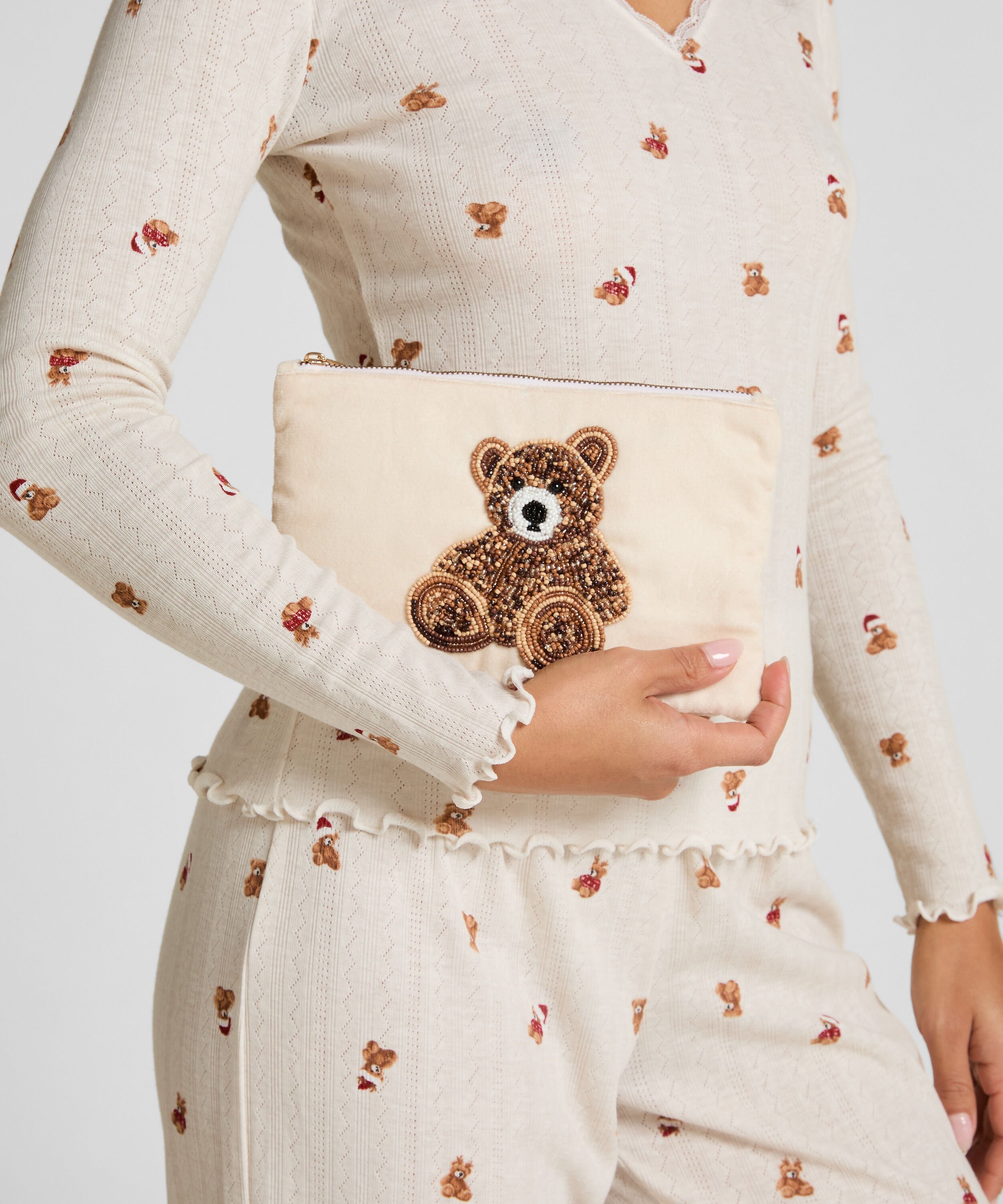 Pochette perlée ours, Beige