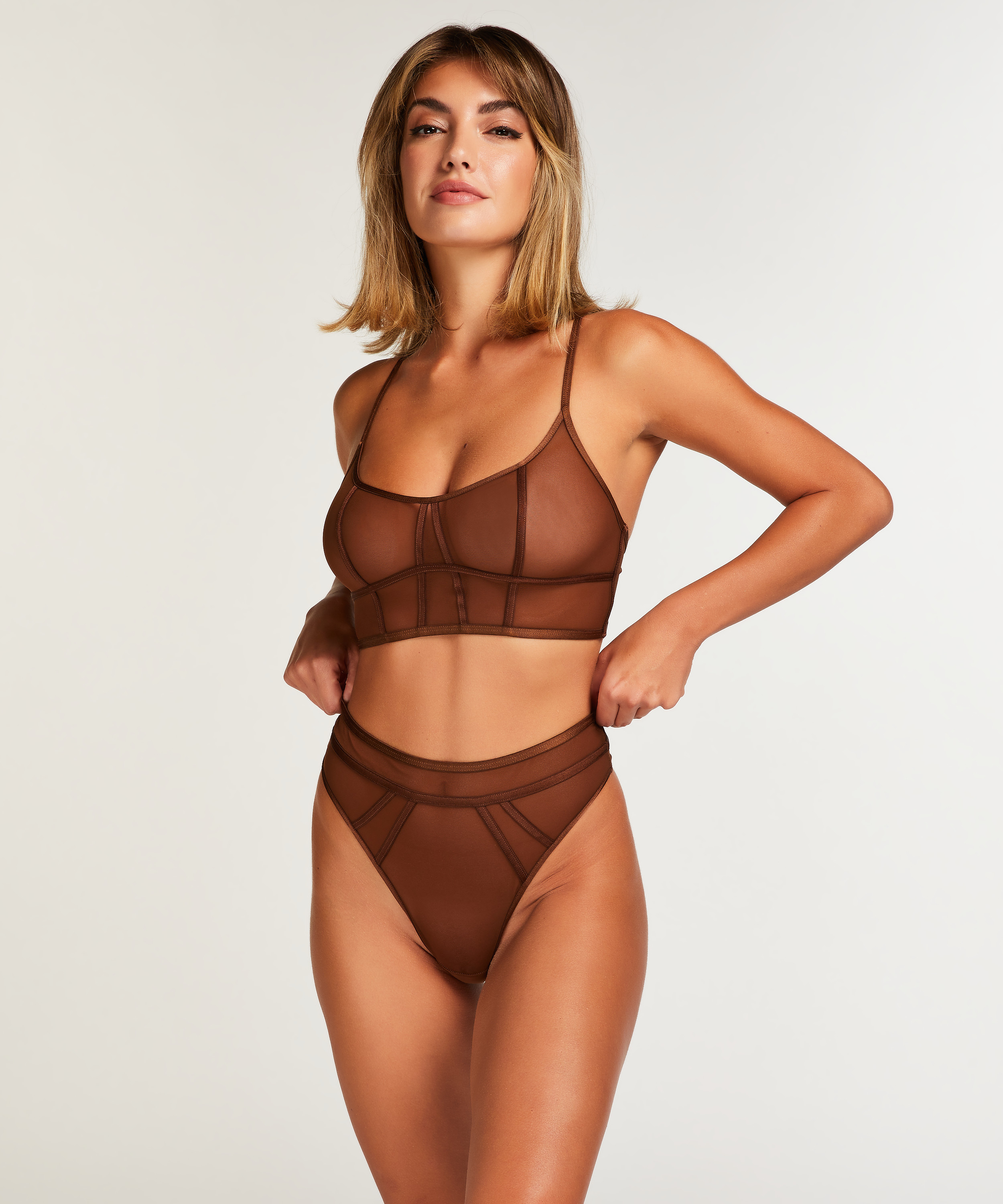 Brassière longline Sexy Mesh, Marron, main