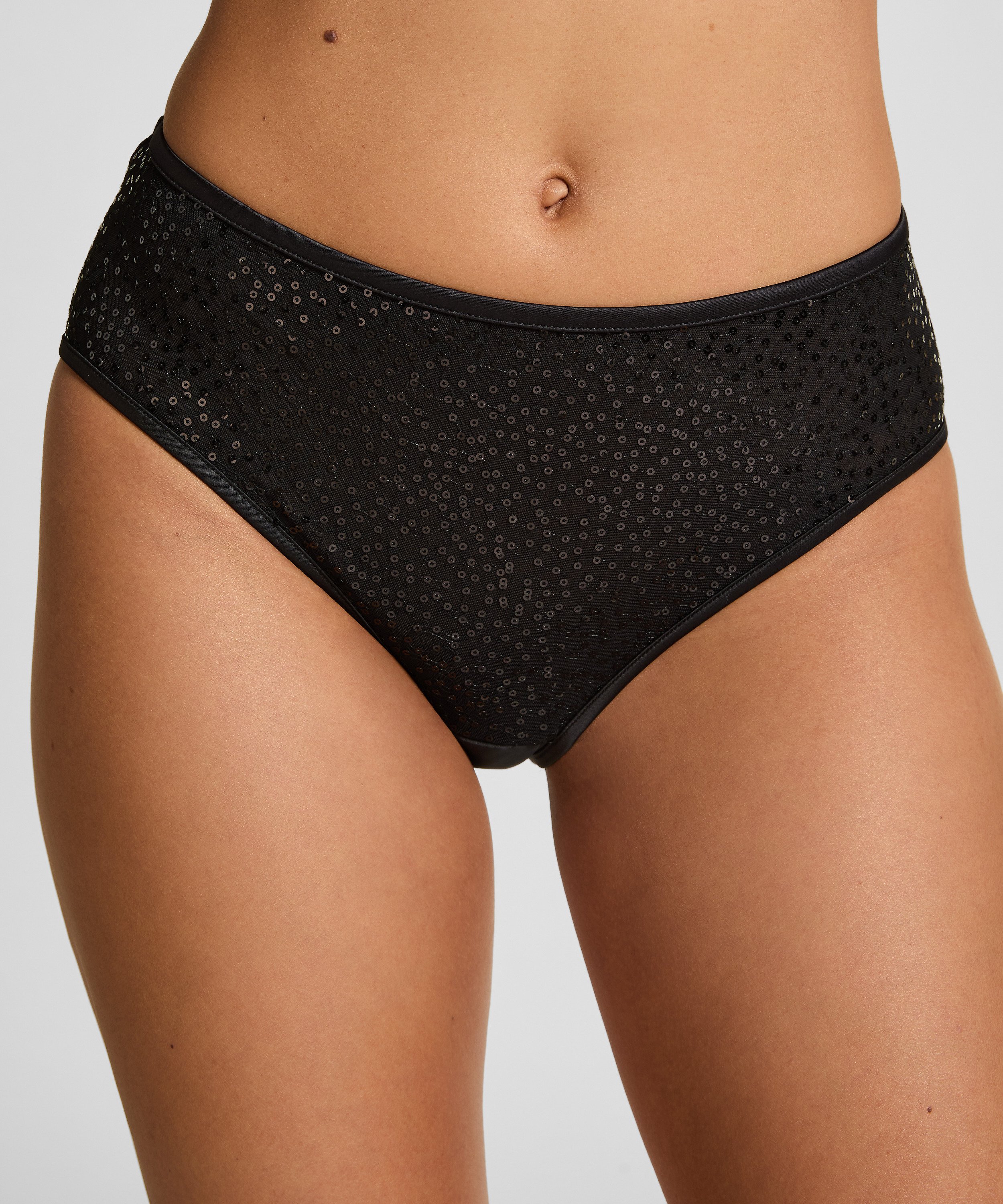 Culotte brésilienne jambe et taille haute Elle, Noir, main