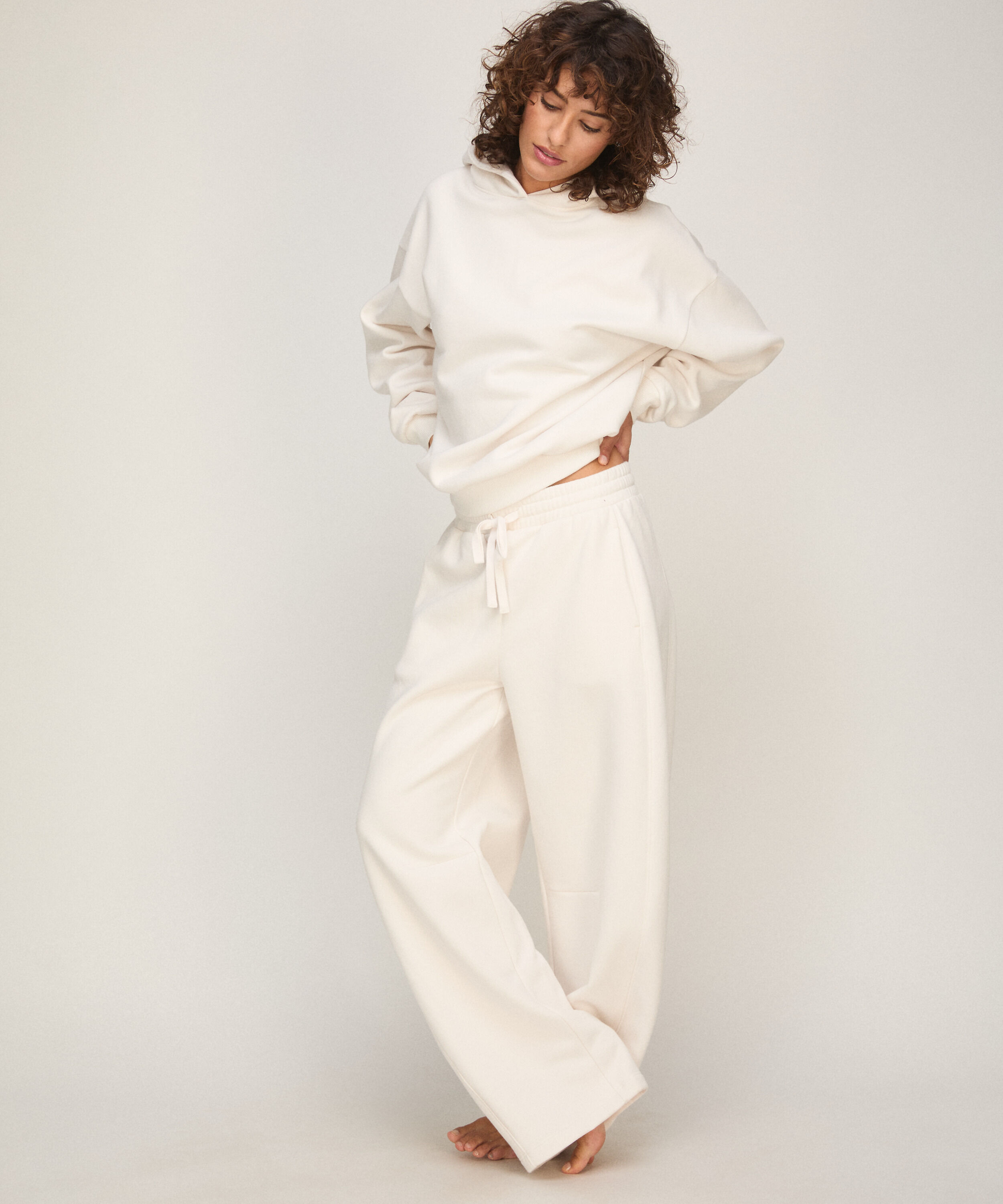 Pantalon Barrel en Molleton Brossé, Blanc Pantalon Barrel en Molleton Brossé, Blanc