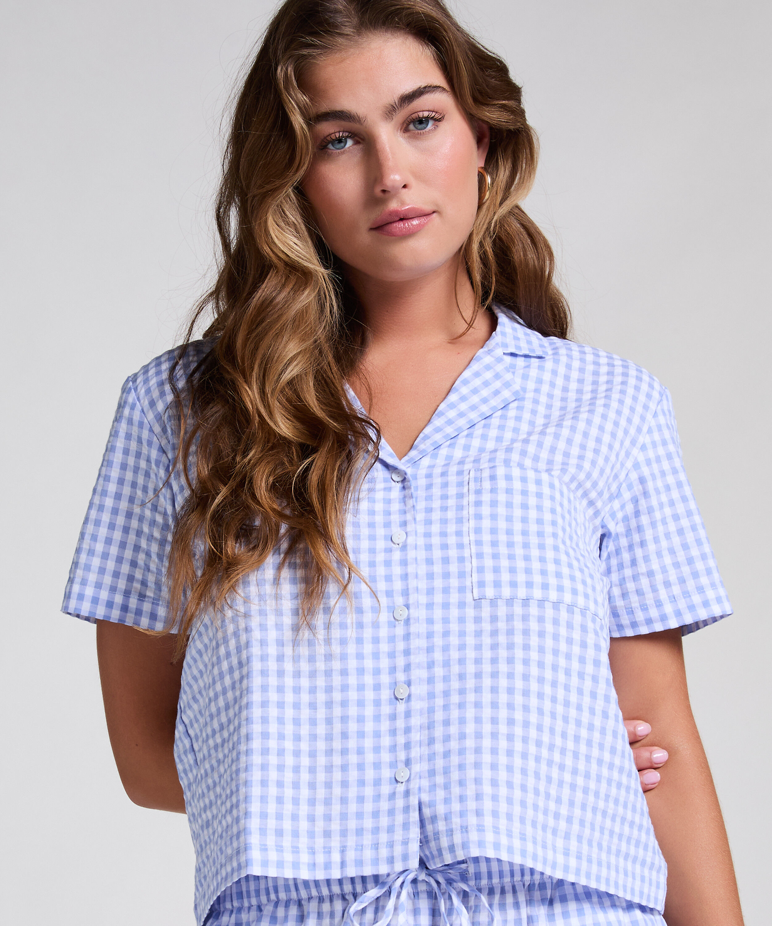 Veste à manches courtes en Seersucker, Bleu