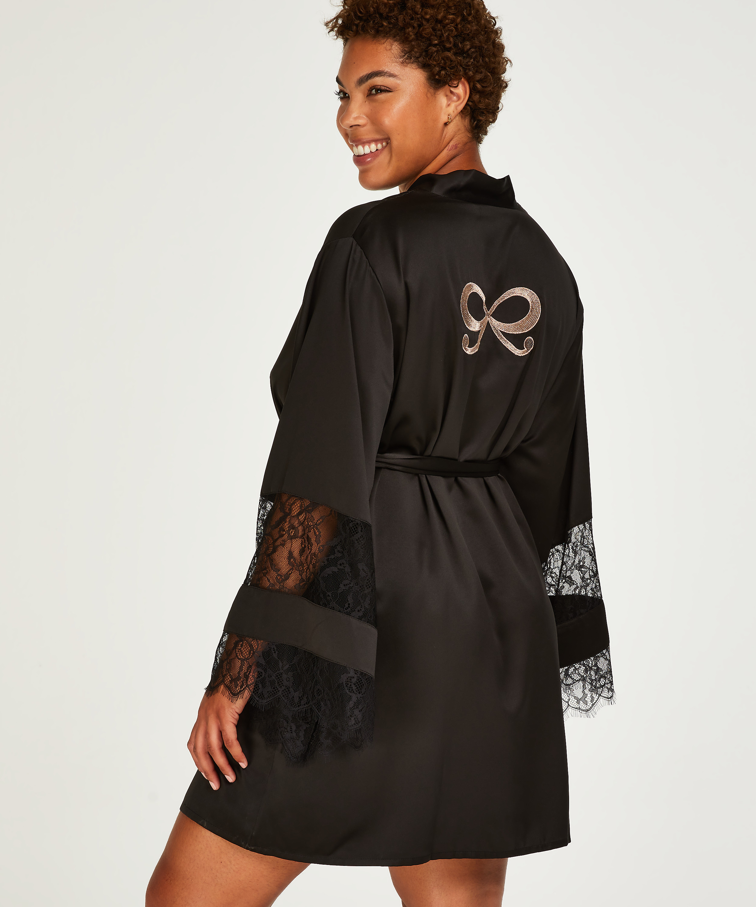 Kimono Satin en dentelle, Noir, main