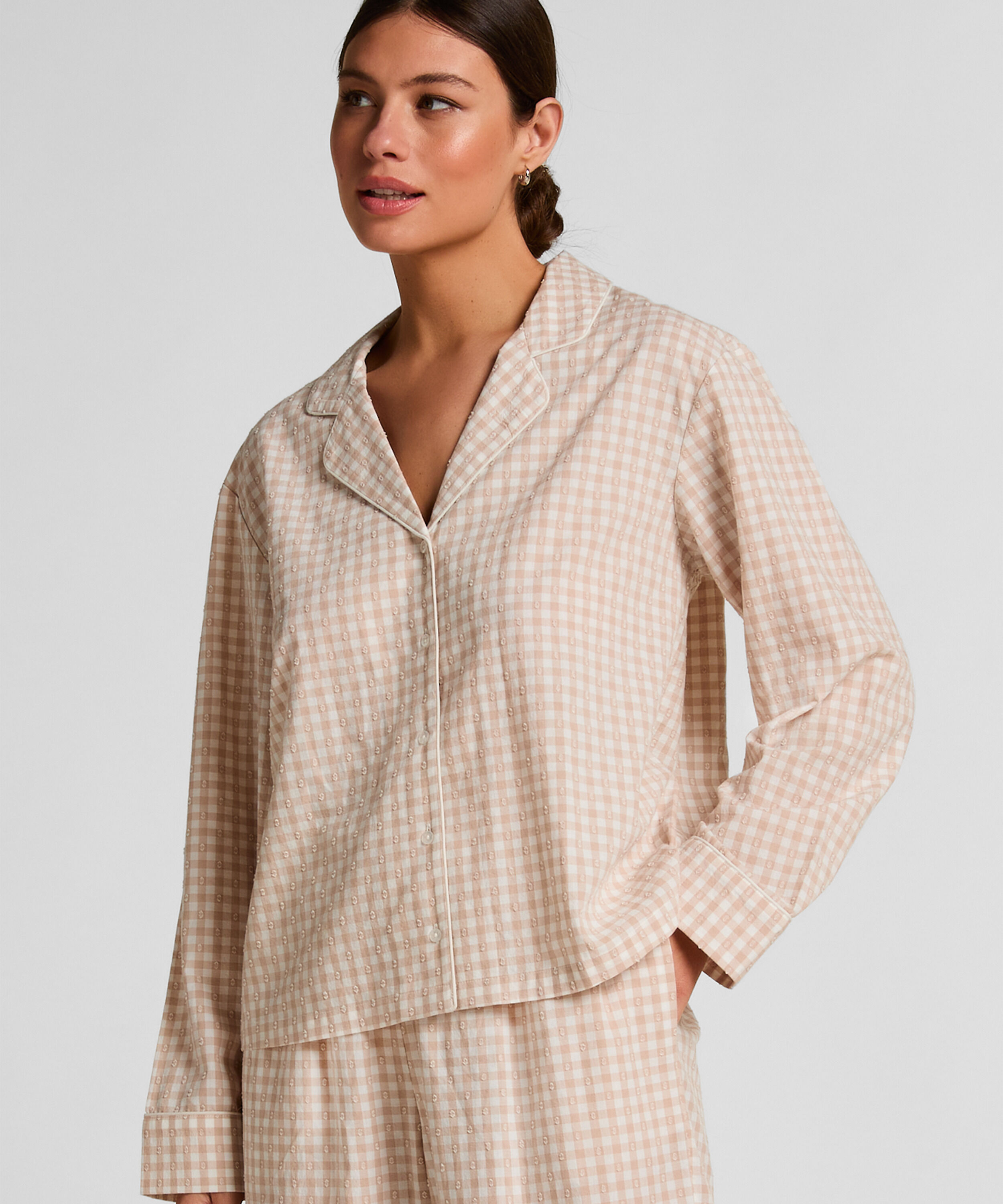 Veste de Pyjama Dobby en Coton Tissé, Beige Veste de Pyjama Dobby en Coton Tissé, Beige