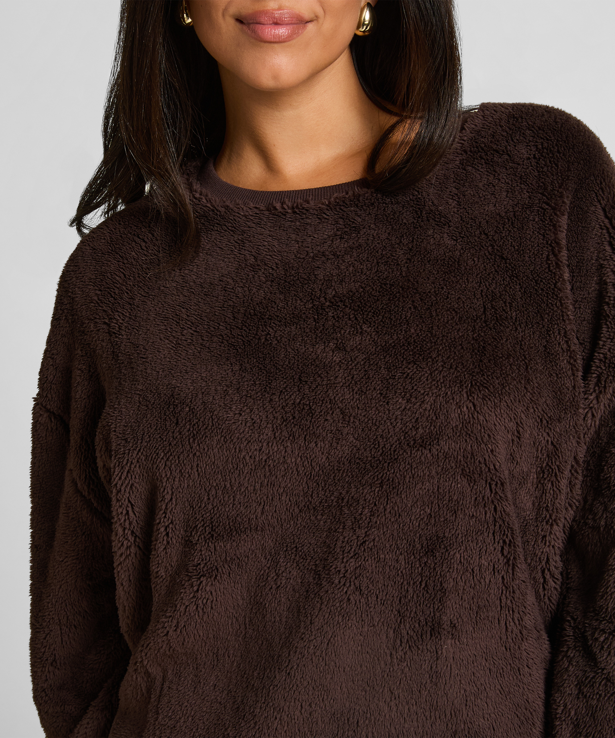 Top à manches longues Fluffy Fleece, Marron, main