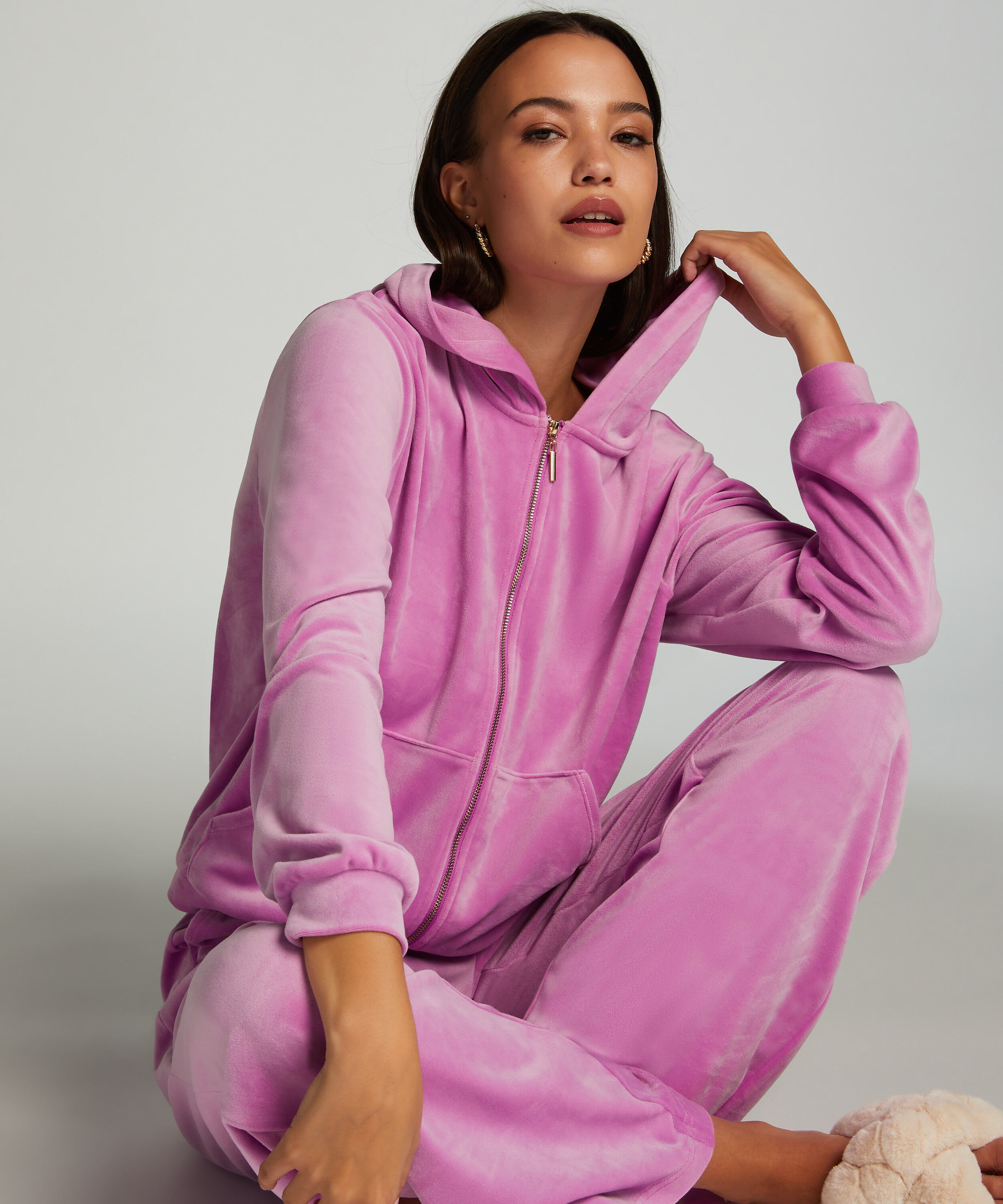 Manteau à capuche velours, Rose