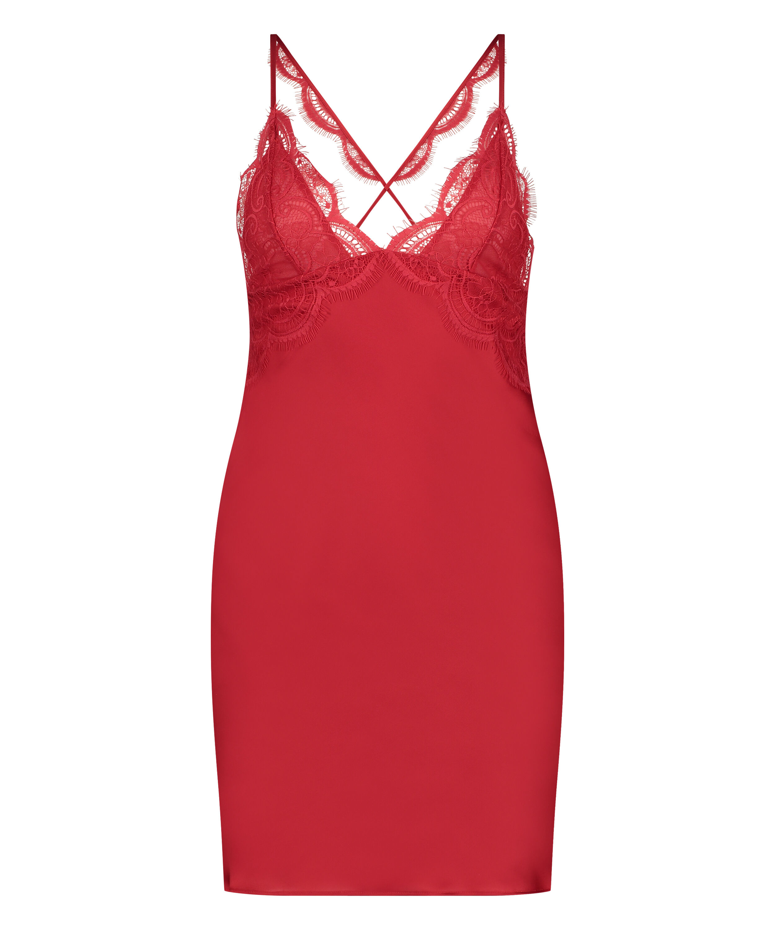 Nuisette en satin brillant avec empiècement en dentelle - rouge