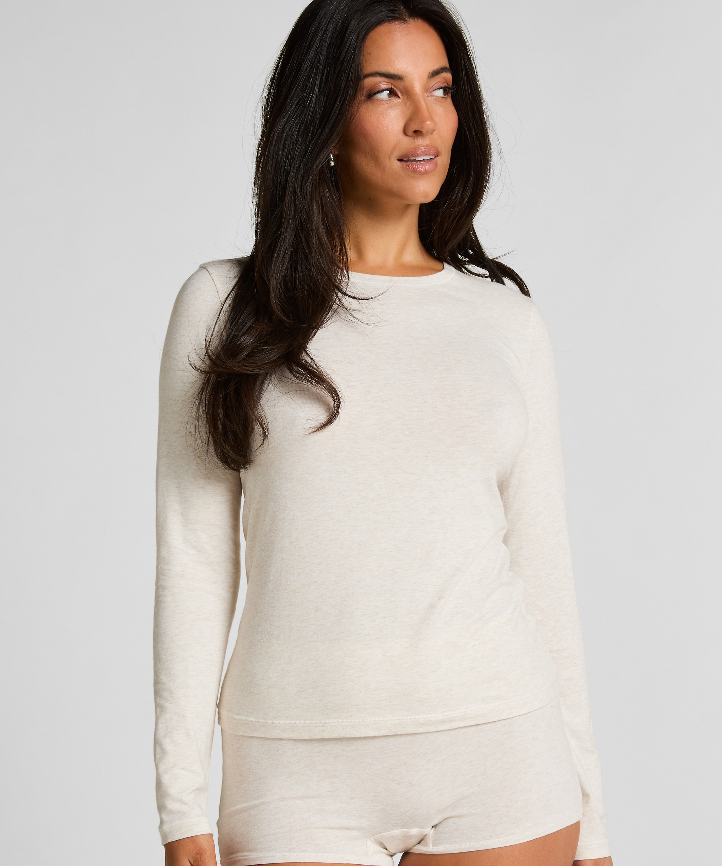 Haut à manches longues en coton doux, Beige, main