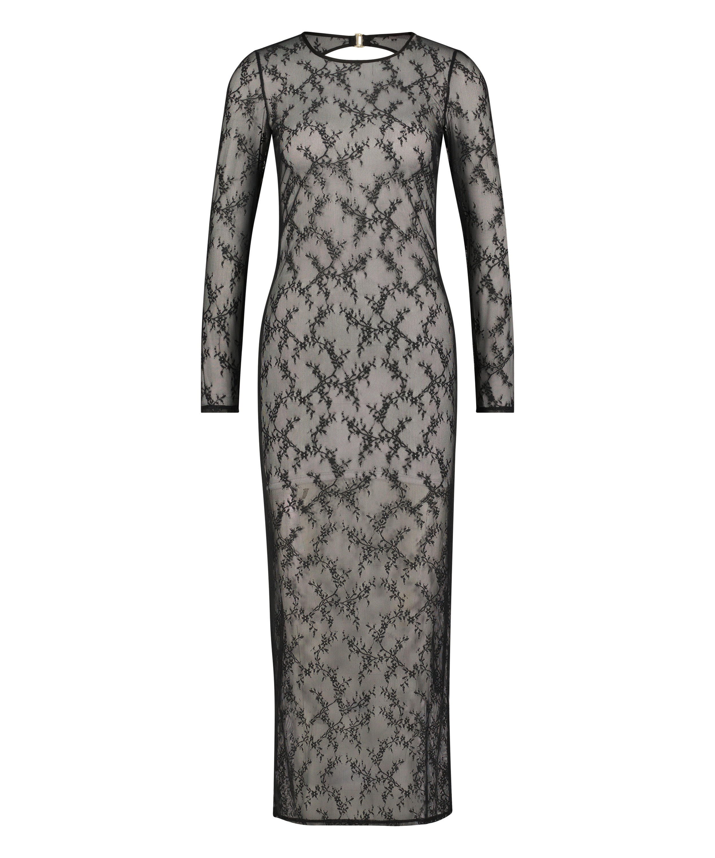 Nuisette moulante à manches longues en dentelle, Noir, main