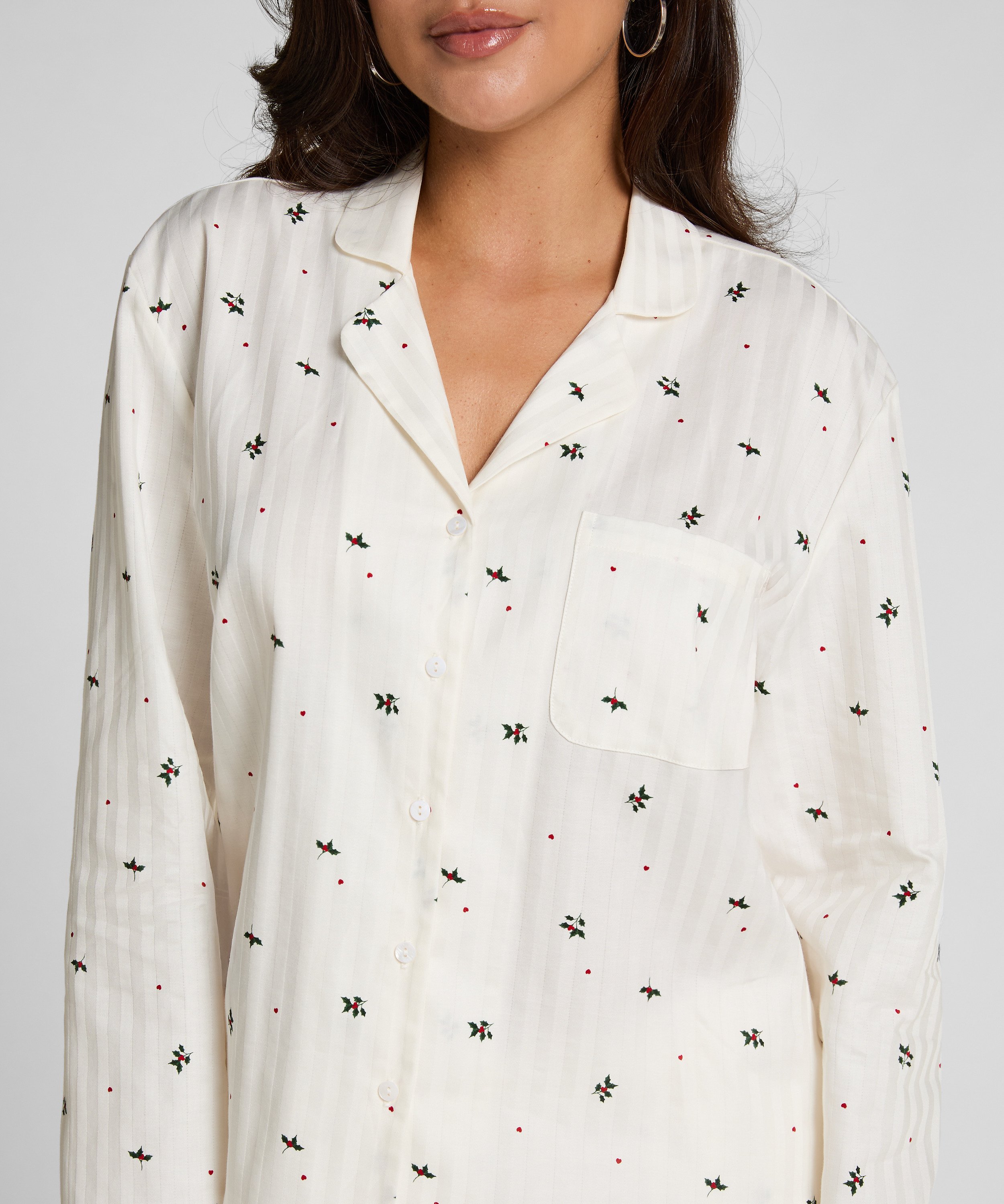 Haut de Pyjama Jacquard Manches Longues, Blanc, main