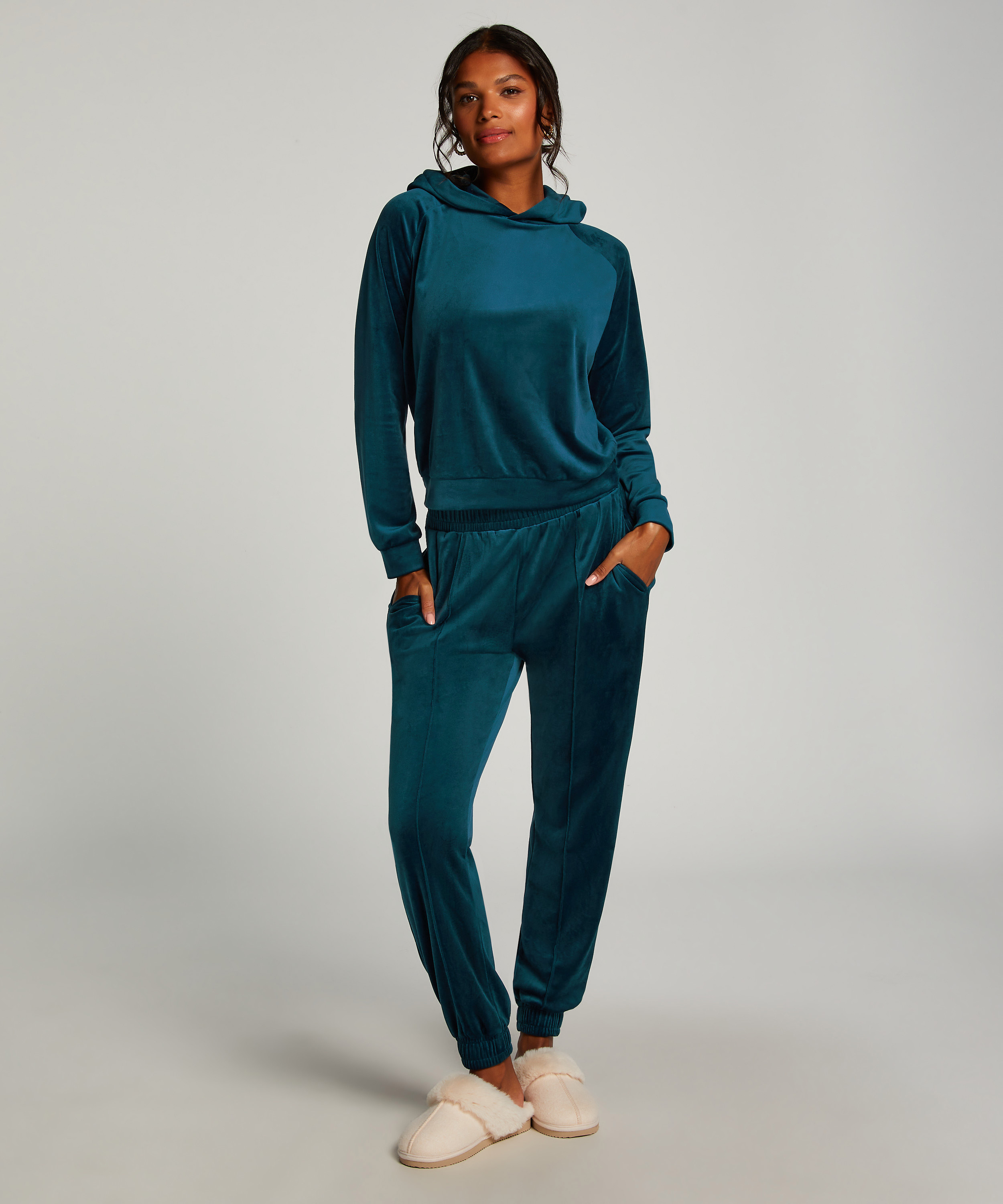 Pantalon Jogging Velours Pintuck, Bleu, main