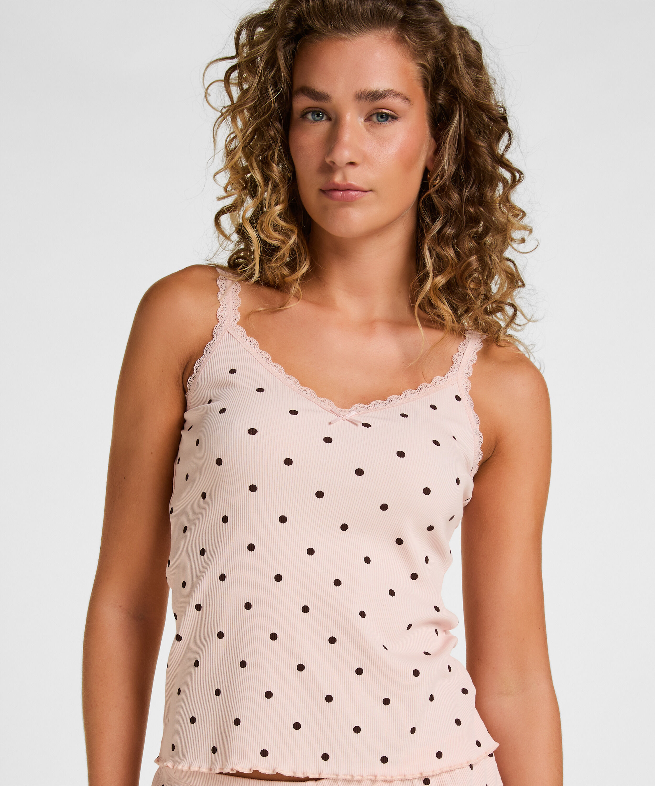 Débardeur en Jersey Côtelé avec Dentelle, Rose
