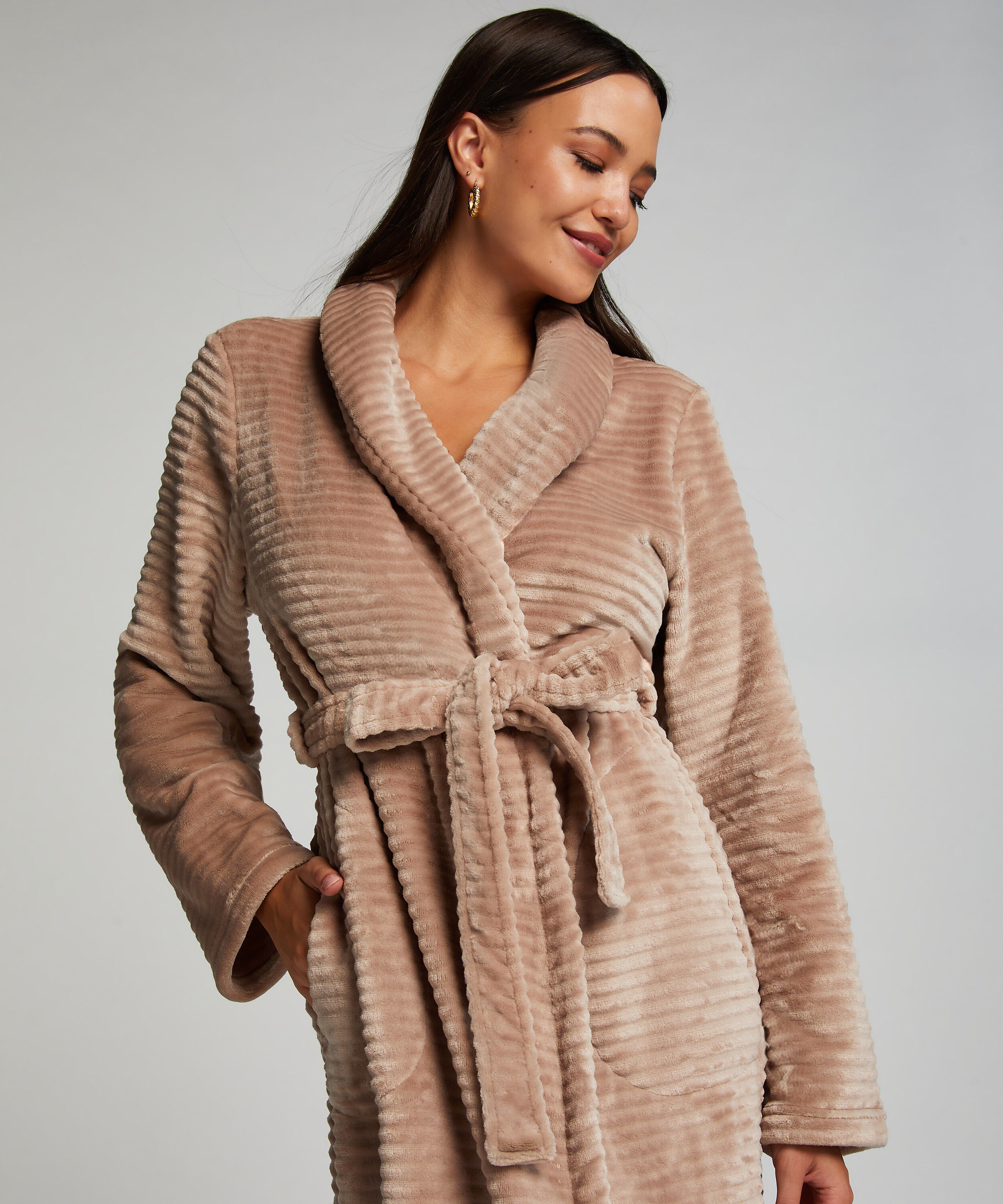 Long peignoir en molleton avec fermeture à glissière, Beige