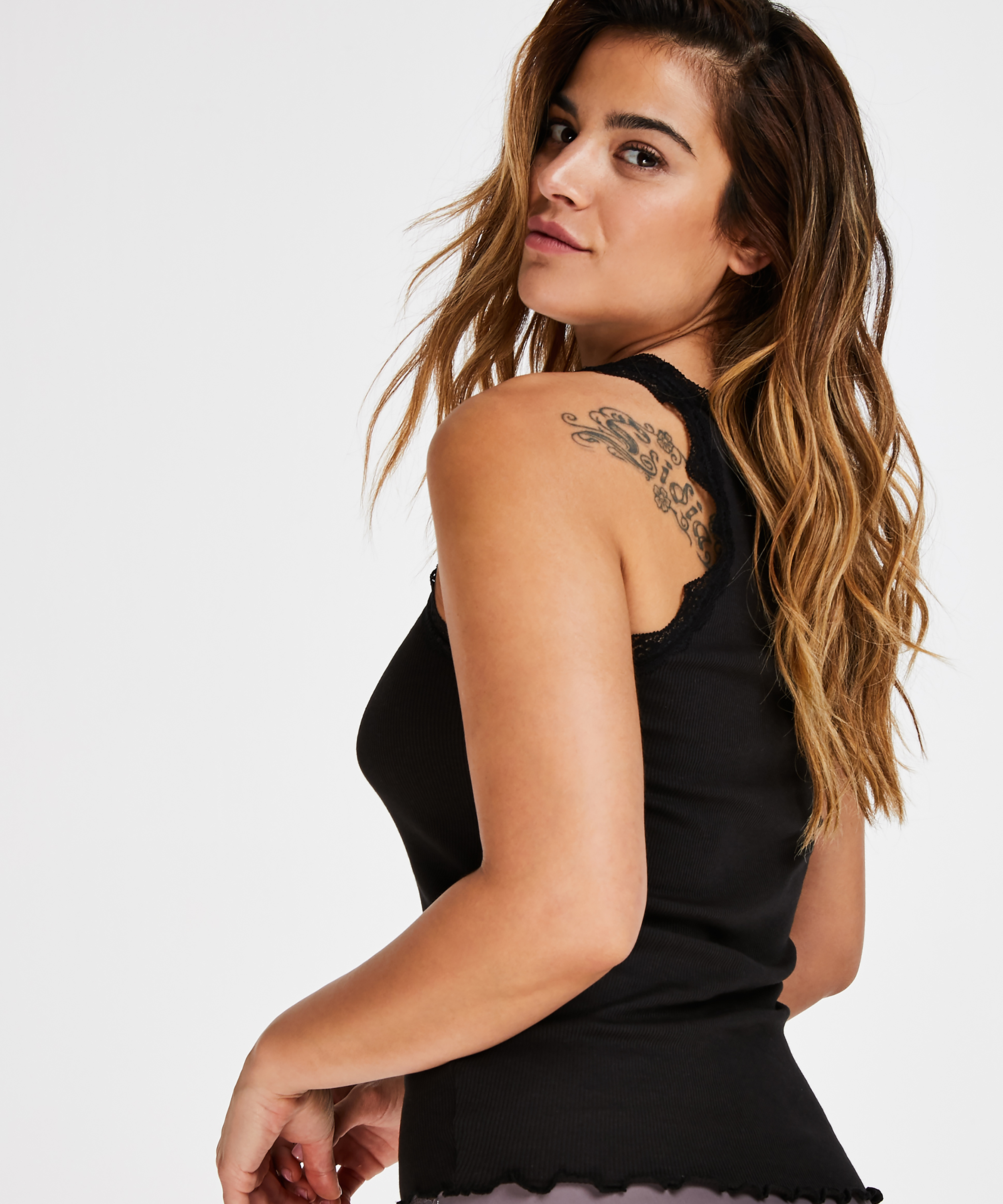 Singlet top cami rib lace, Noir, main