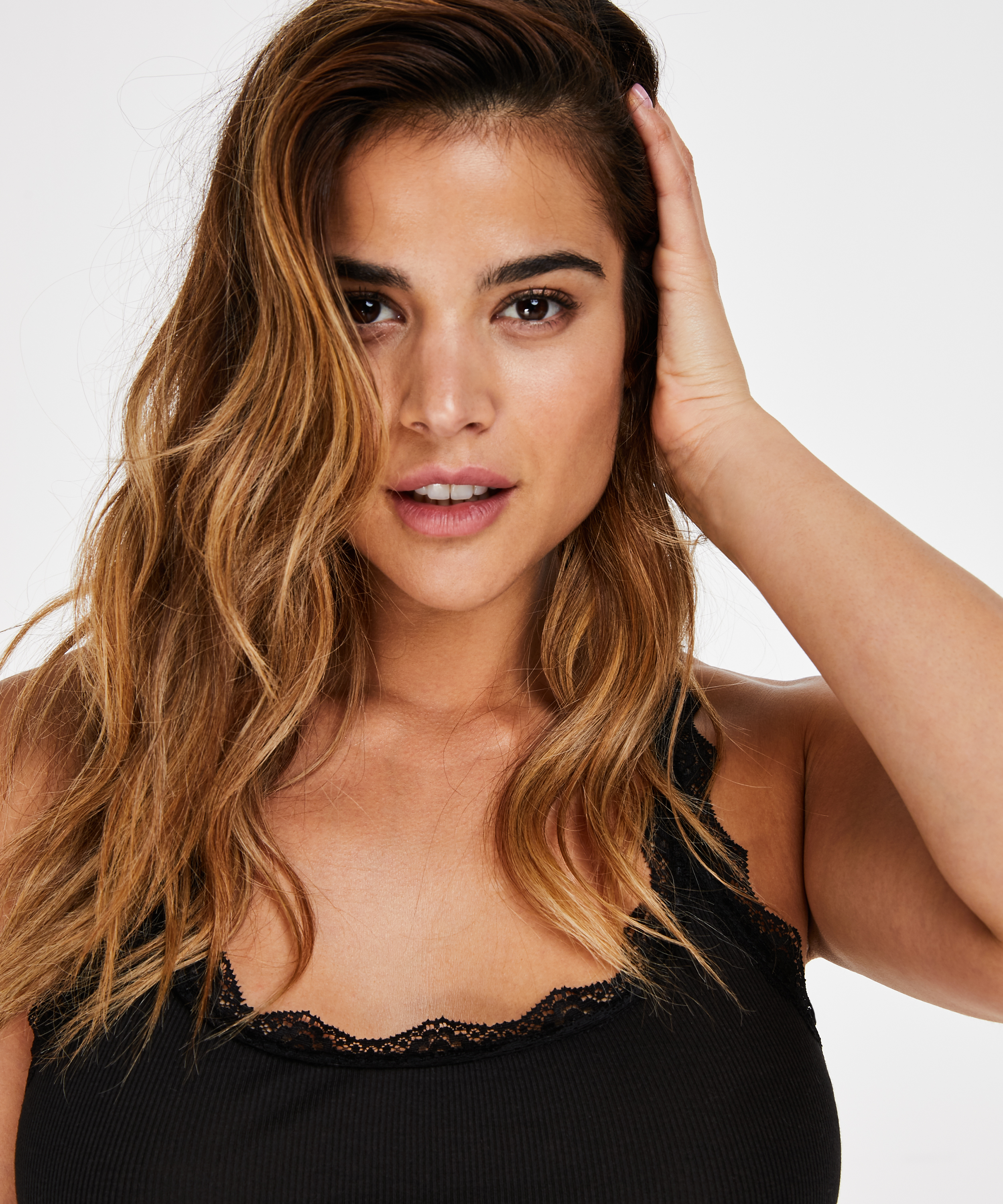 Singlet top cami rib lace, Noir, main